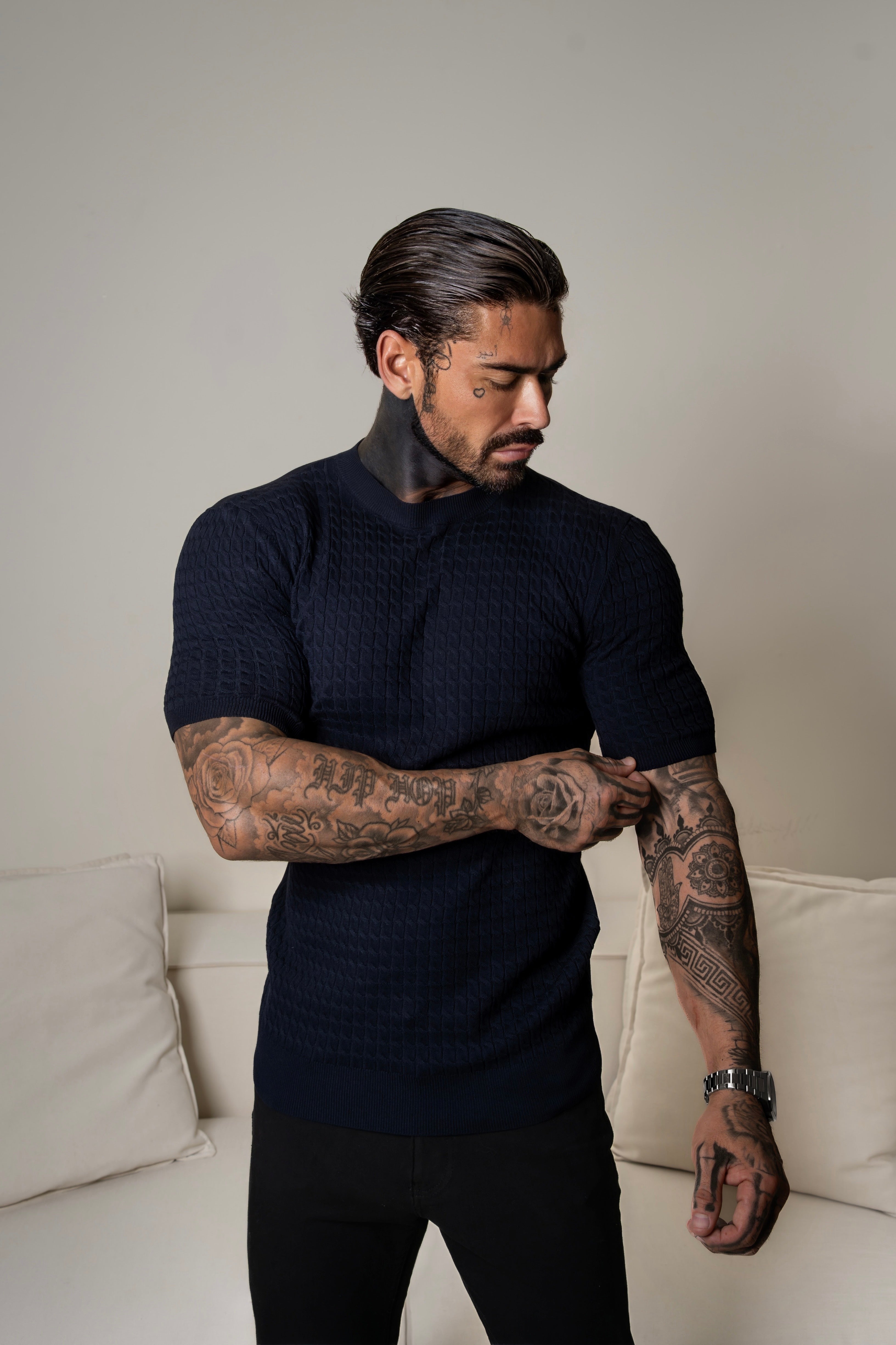 Front Chain Knit Crew Tshirt Navy Short Sleeve - FSR054