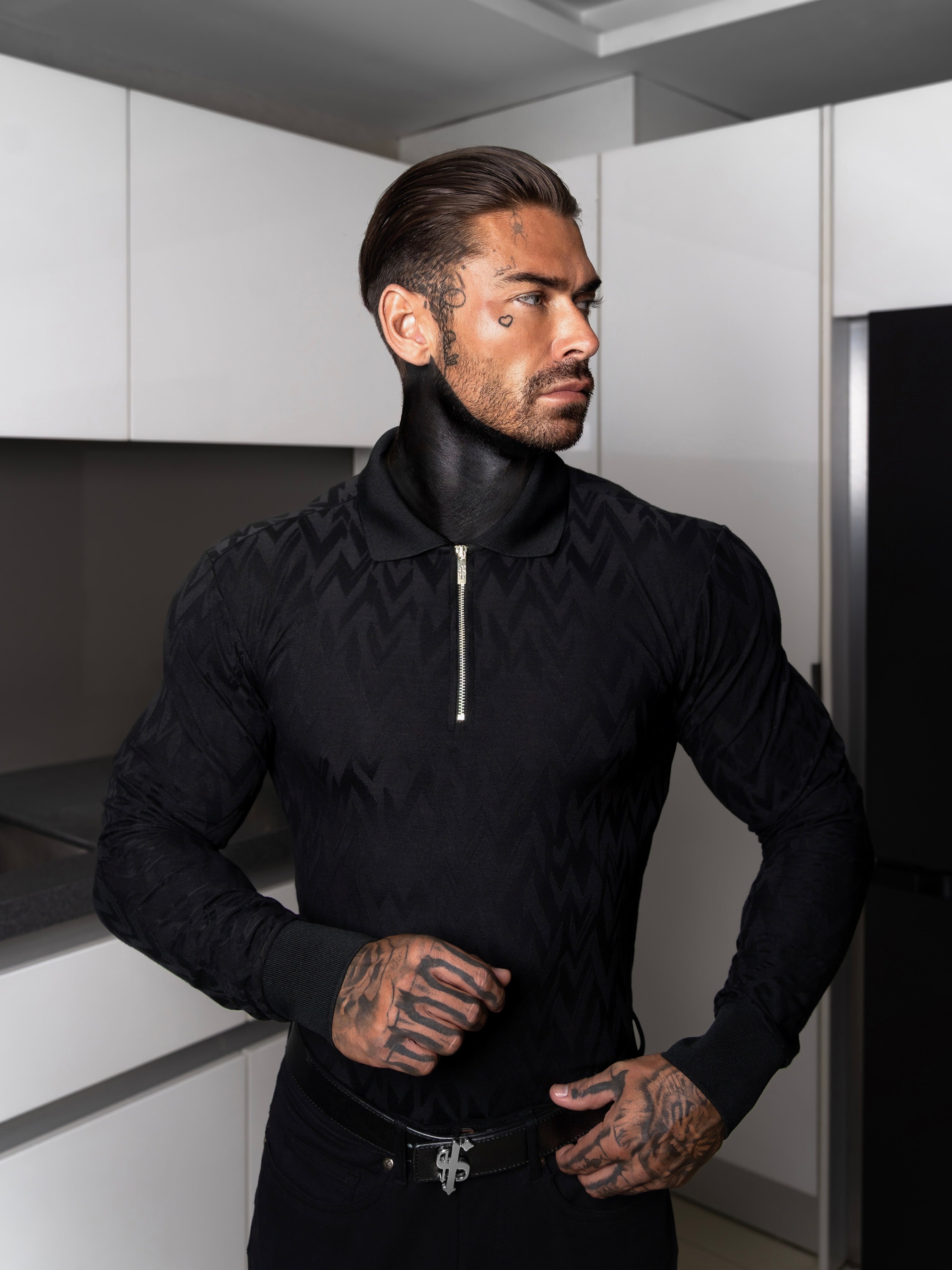Classic Jacquard Black Chevron Zipped Polo Long Sleeve - FSR043