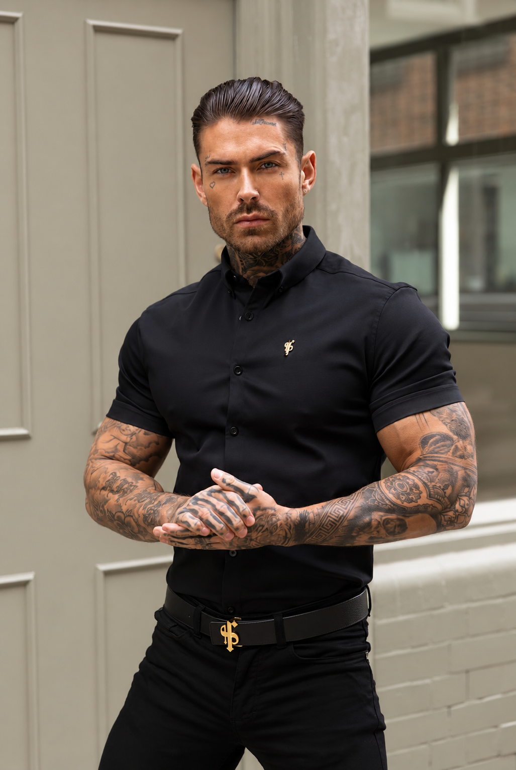 Super Slim Stretch Black Denim Short Sleeve with Gold Metal Decal and Button Down Collar - FS1041 (PRE ORDER 18TH OCTOBER)