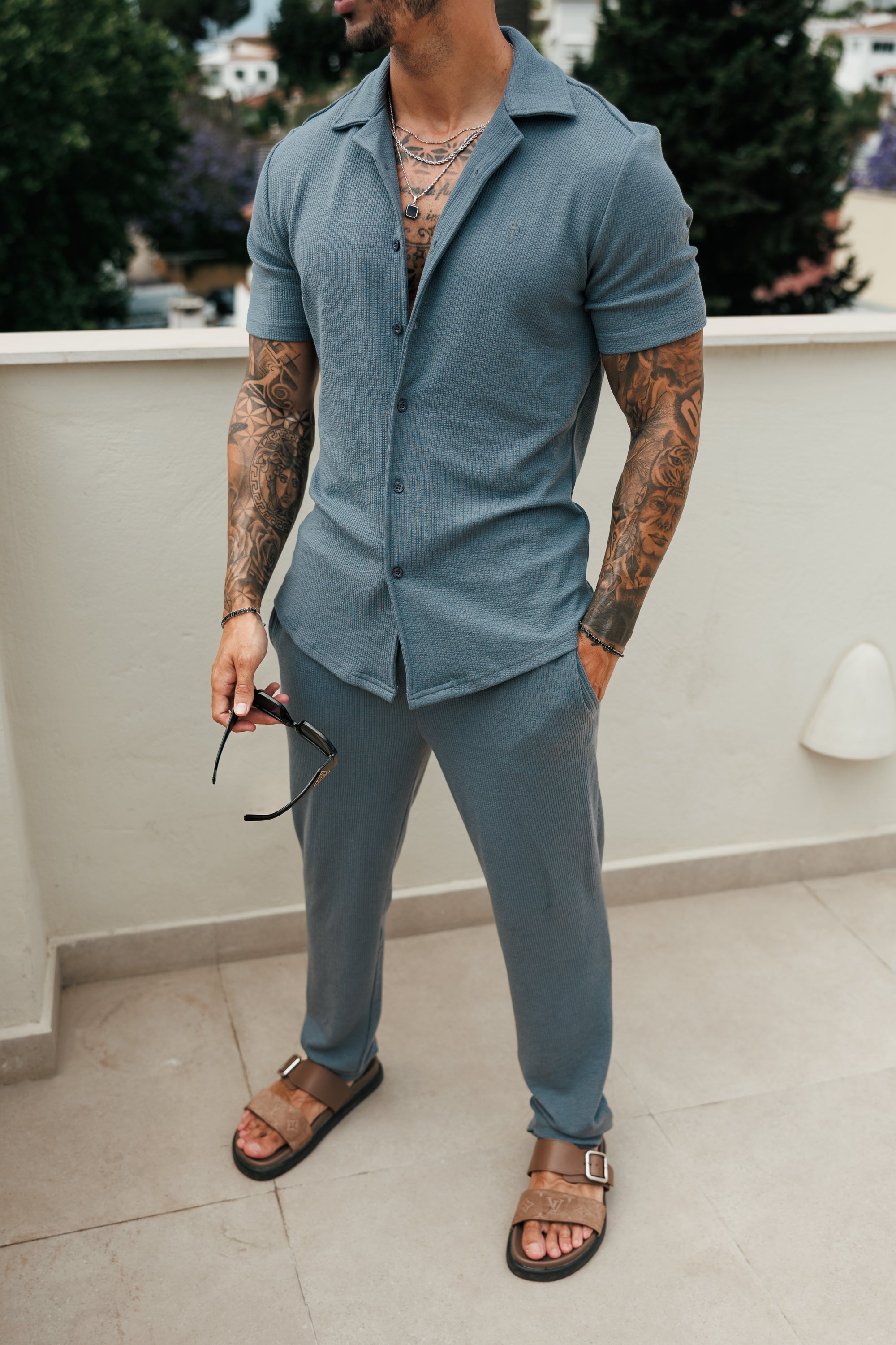 Jersey Cord Stretch Gunmetal Revere Shirt Short Sleeve - FSR076 (PRE ORDER 27TH JULY)