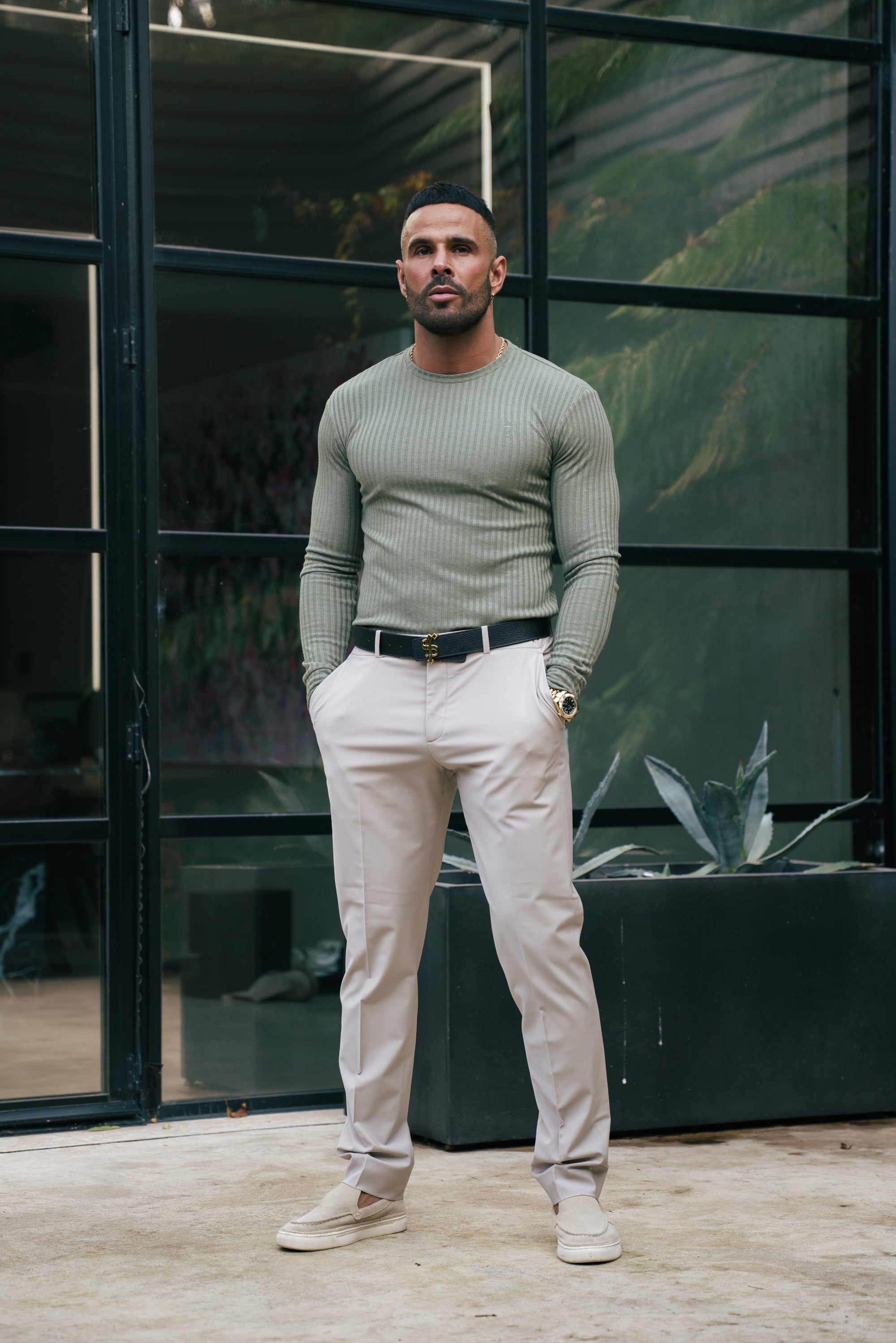 Relaxed Formal Beige Stretch Trousers - Plain Fabric