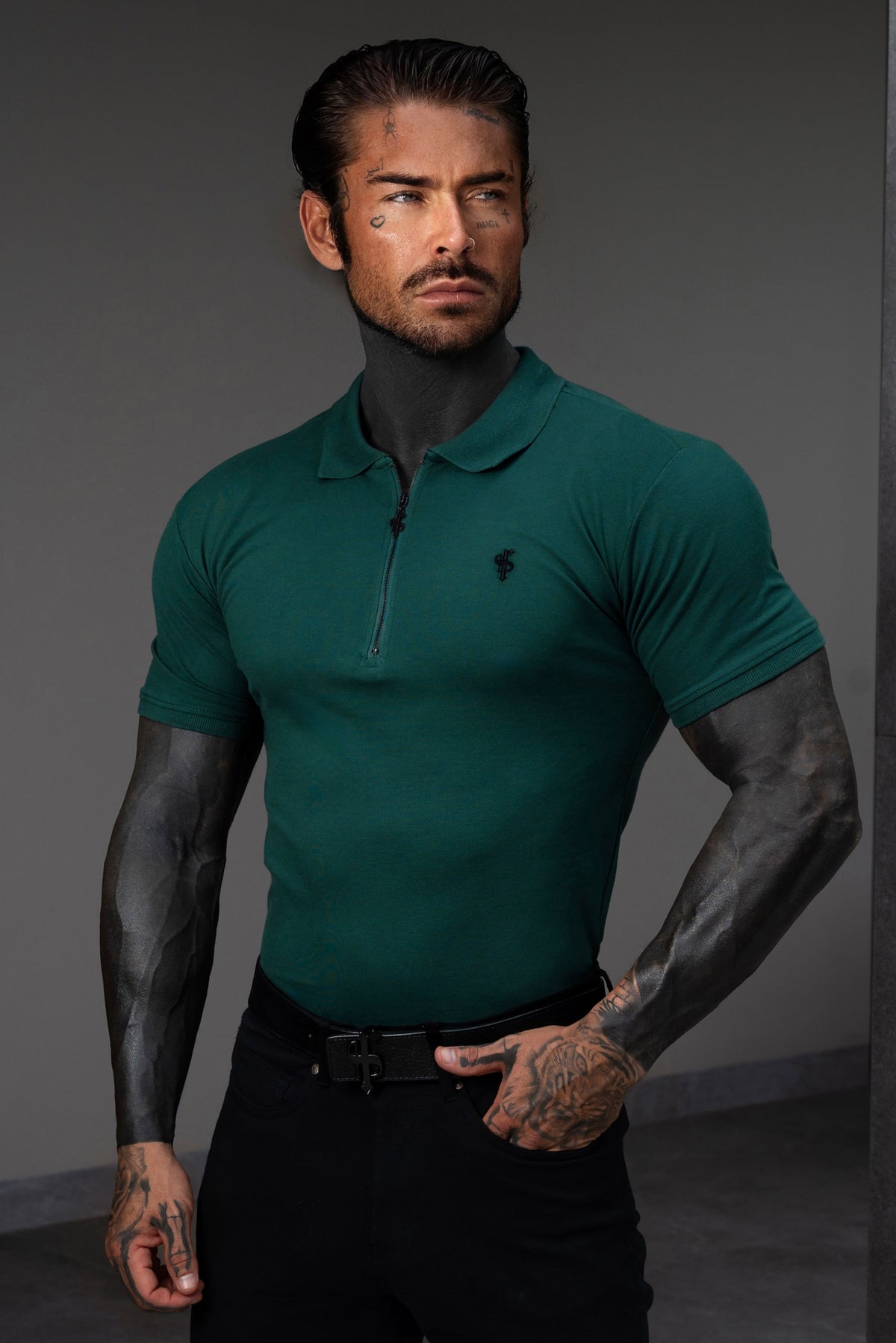 Klassisches Polo-Shirt mit Reißverschluss, Tannengrün und Schwarz - FSH1537