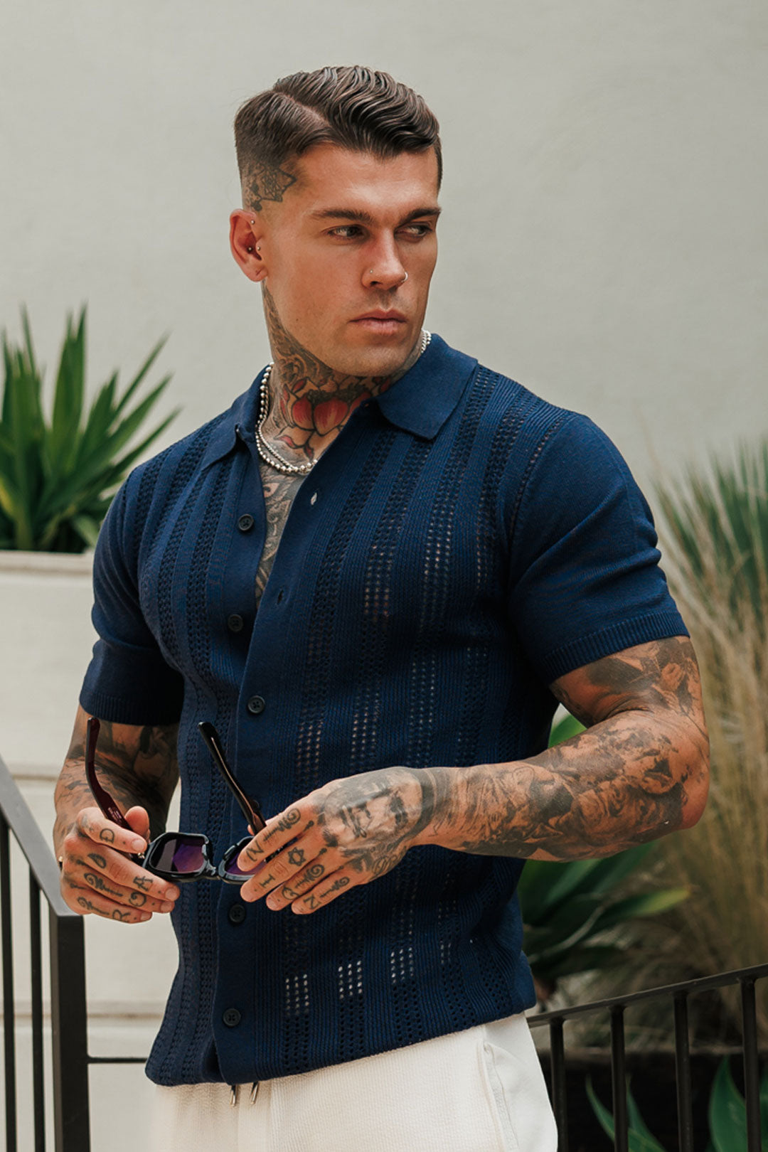 Navy Stripe Perforated Shirt Short Sleeve - FSA020