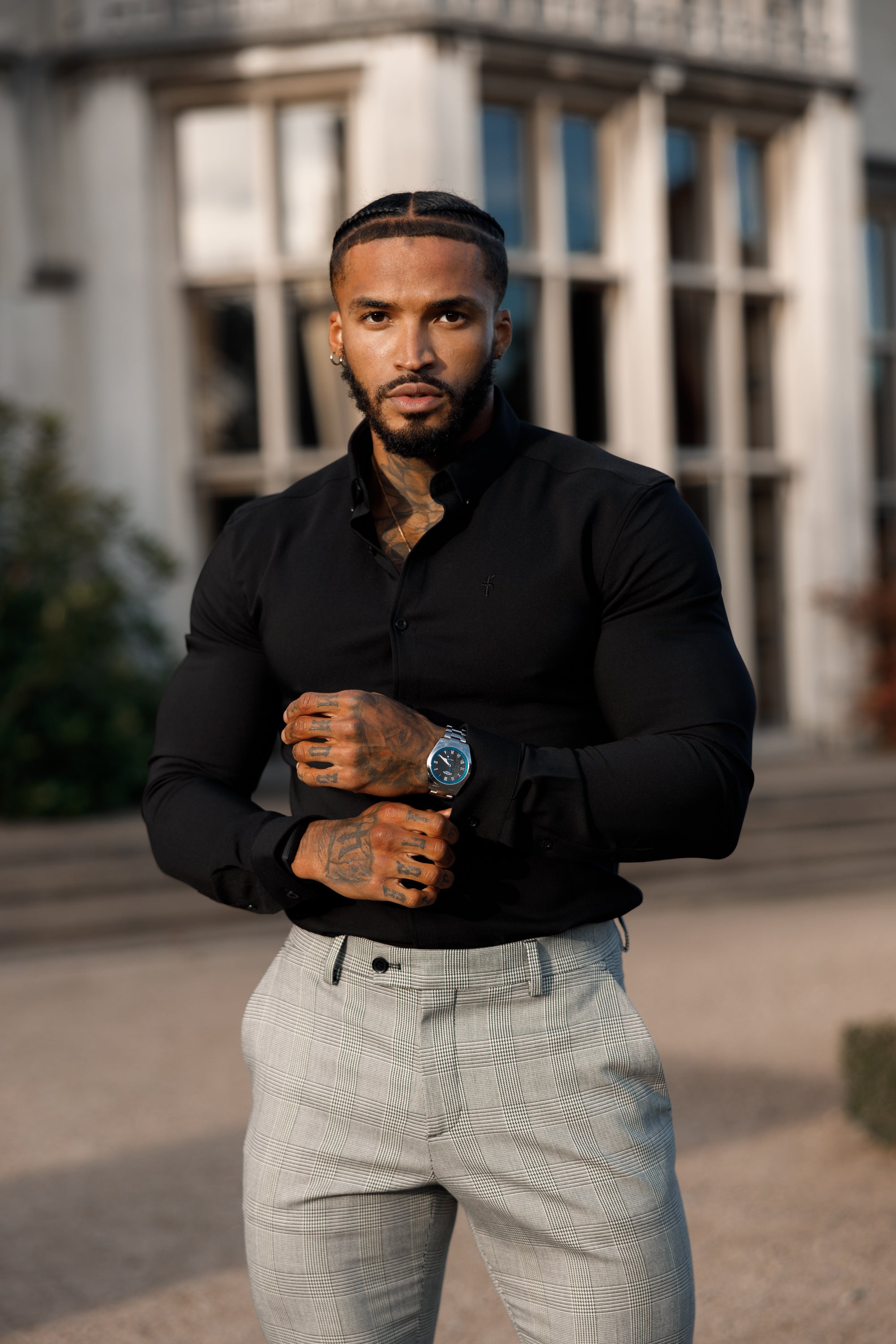 Schmale, elegante graue Stretchhose im Prince-of-Wales-Karo-Stil - FSTR011