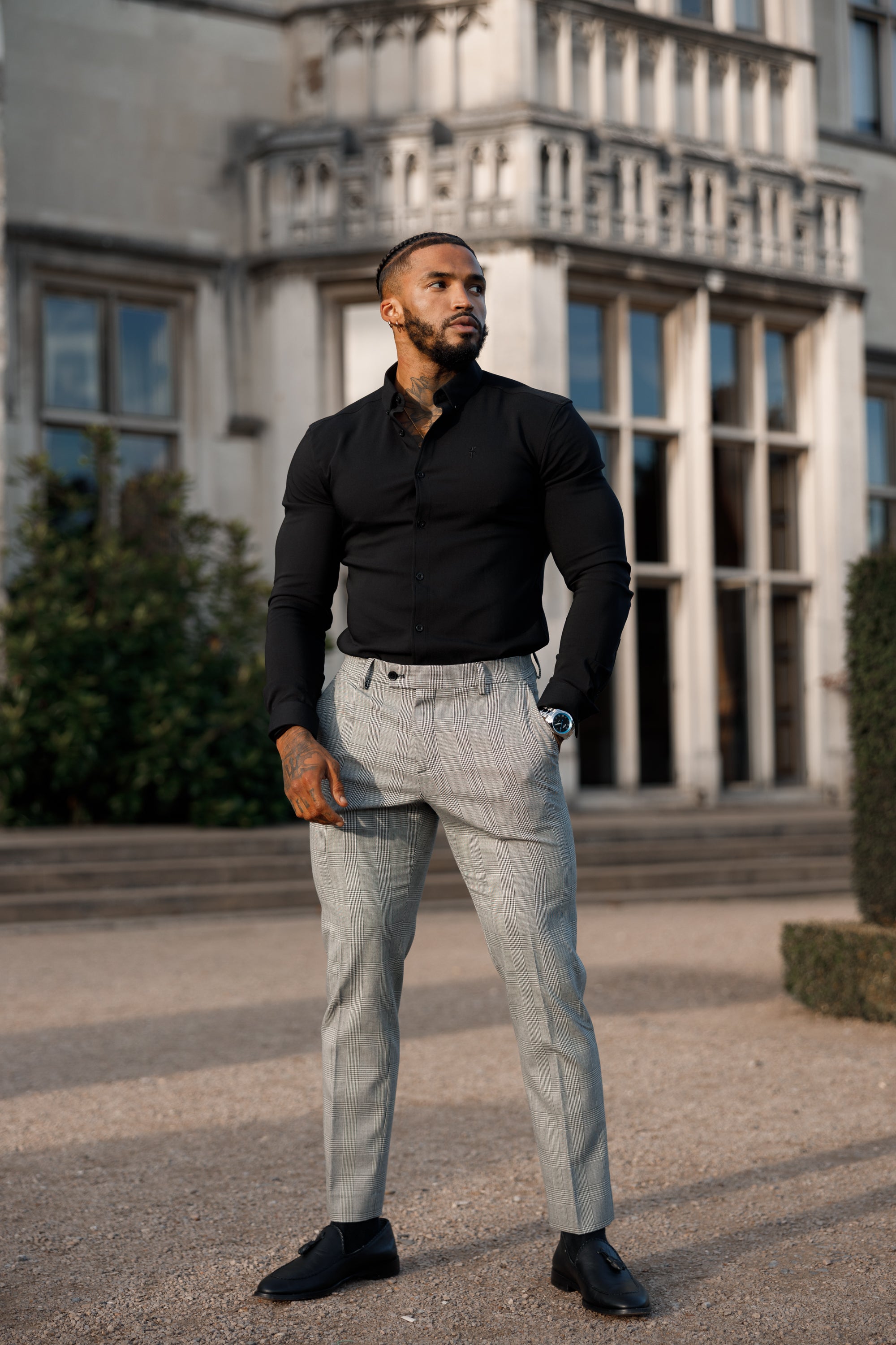Schmale, elegante graue Stretchhose im Prince-of-Wales-Karo-Stil - FSTR011