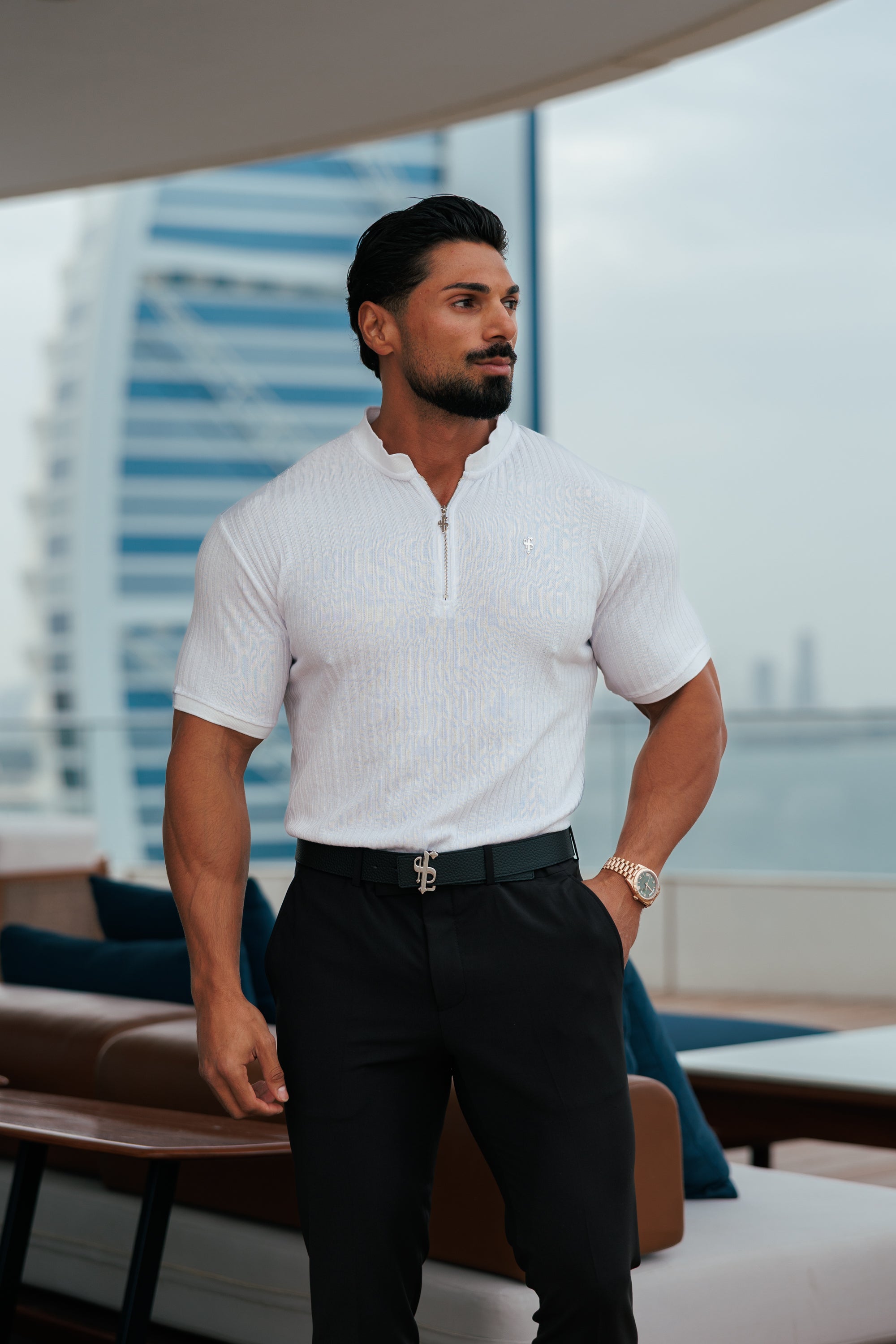 Classic White / Silver  Ribbed Zip Grandad Collar Shirt Short Sleeve - FSH1447