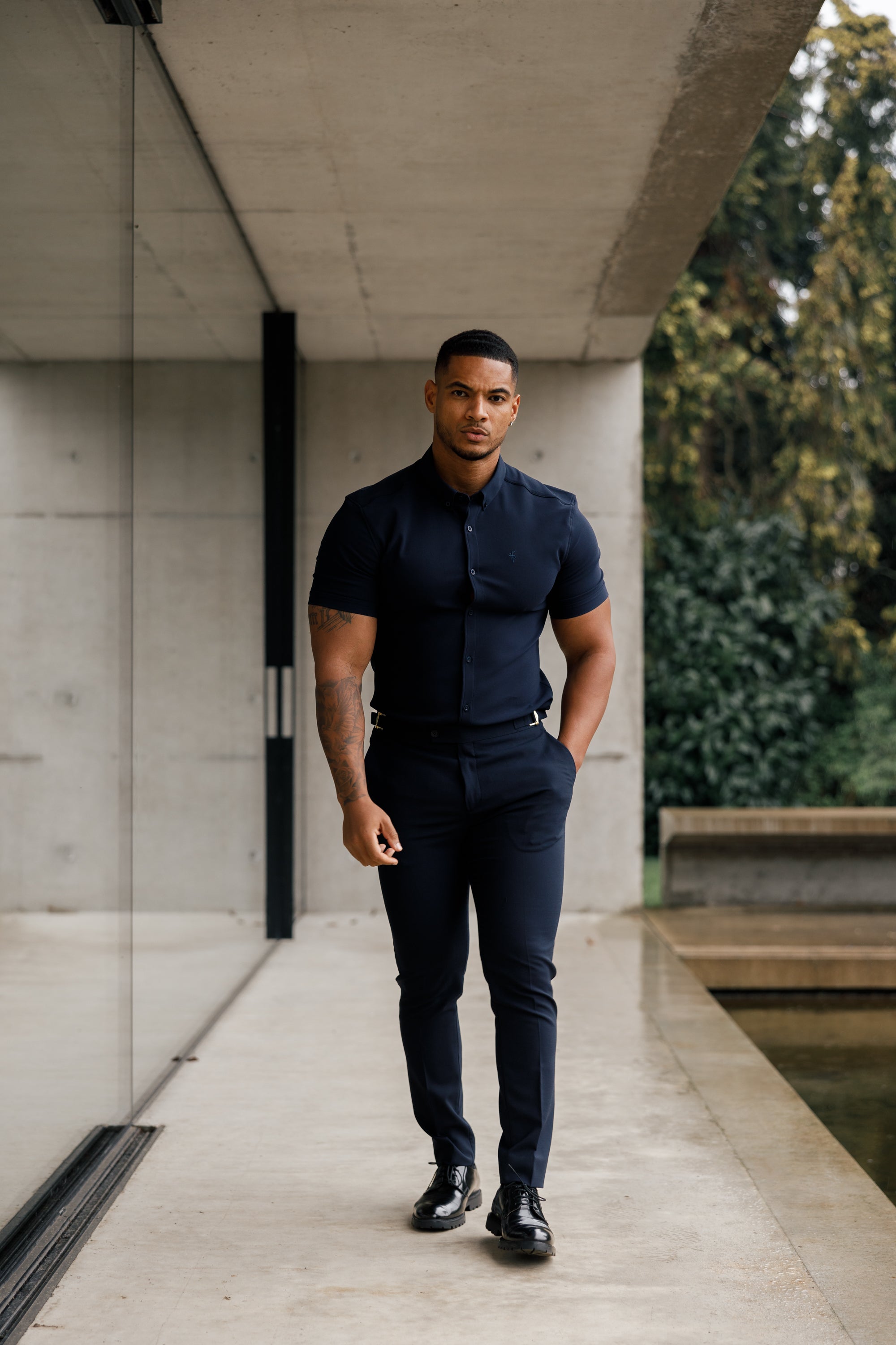 Slim Formal Navy Stretch Trousers With Gold Waist Adjusters - FST016