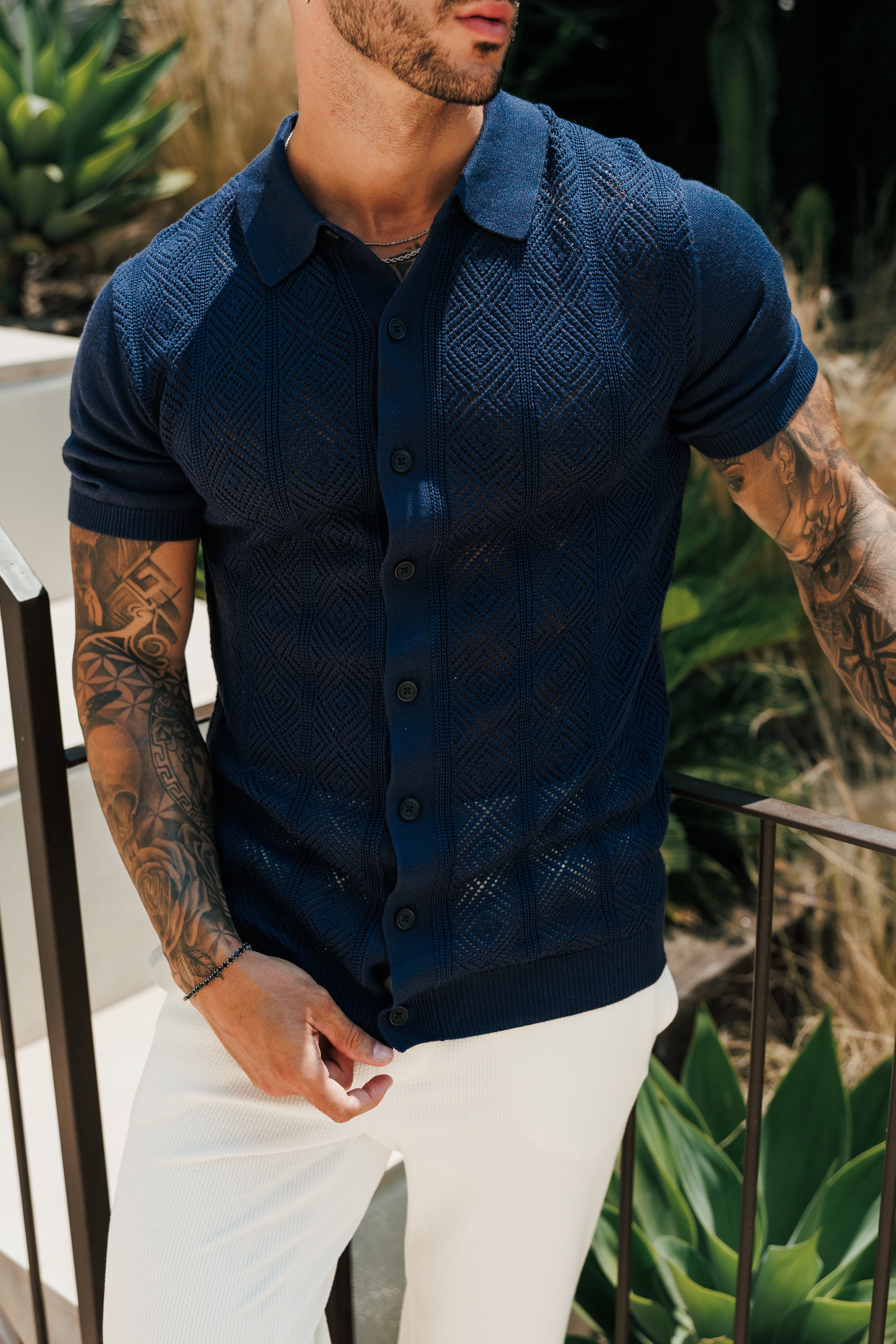 Navy Diamond Stripe Perforated Shirt Kurzarm - FSA023 (VORBESTELLUNG 31. AUGUST)