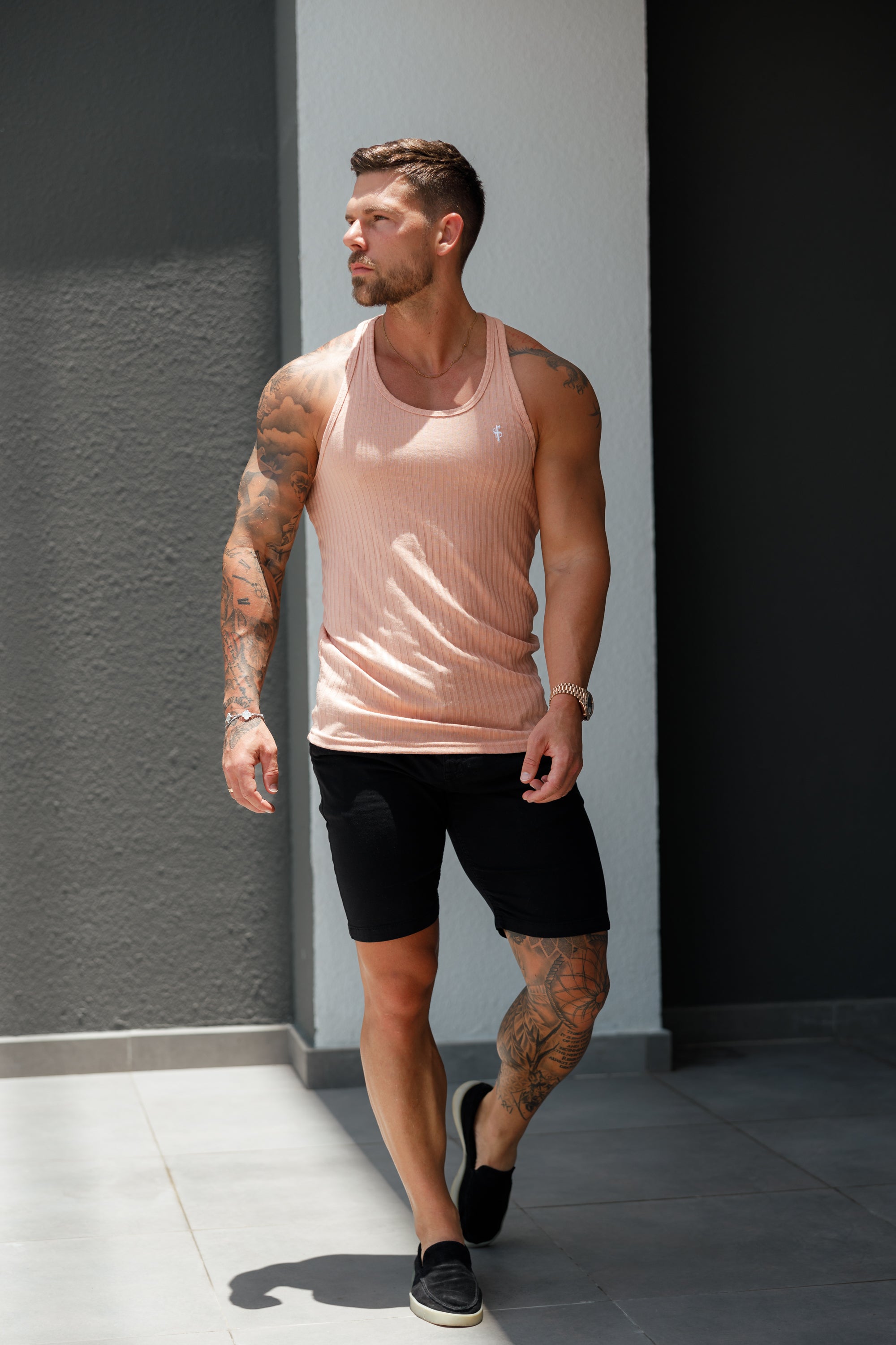 Classic Peach / White Ribbed Knit Super Slim Vest - FSH1028 (PRE ORDER 20TH AUGUST)
