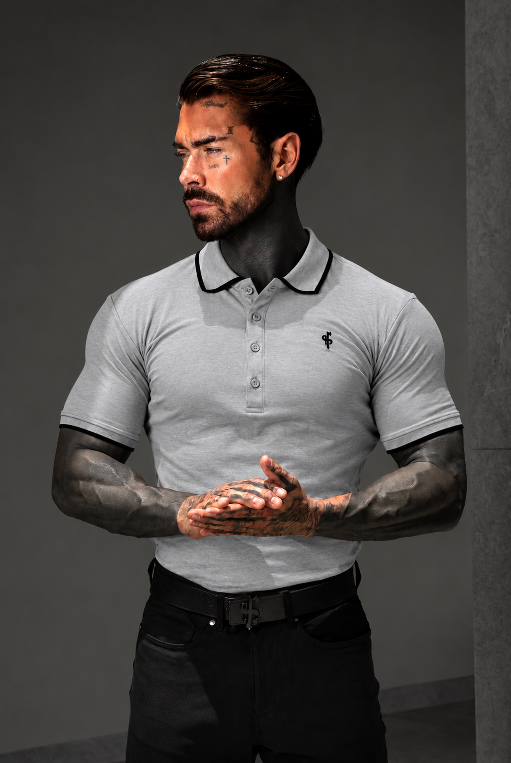 Light Grey / Black Polo Shirt With Contrast Collar and Sleeve - FSH1674