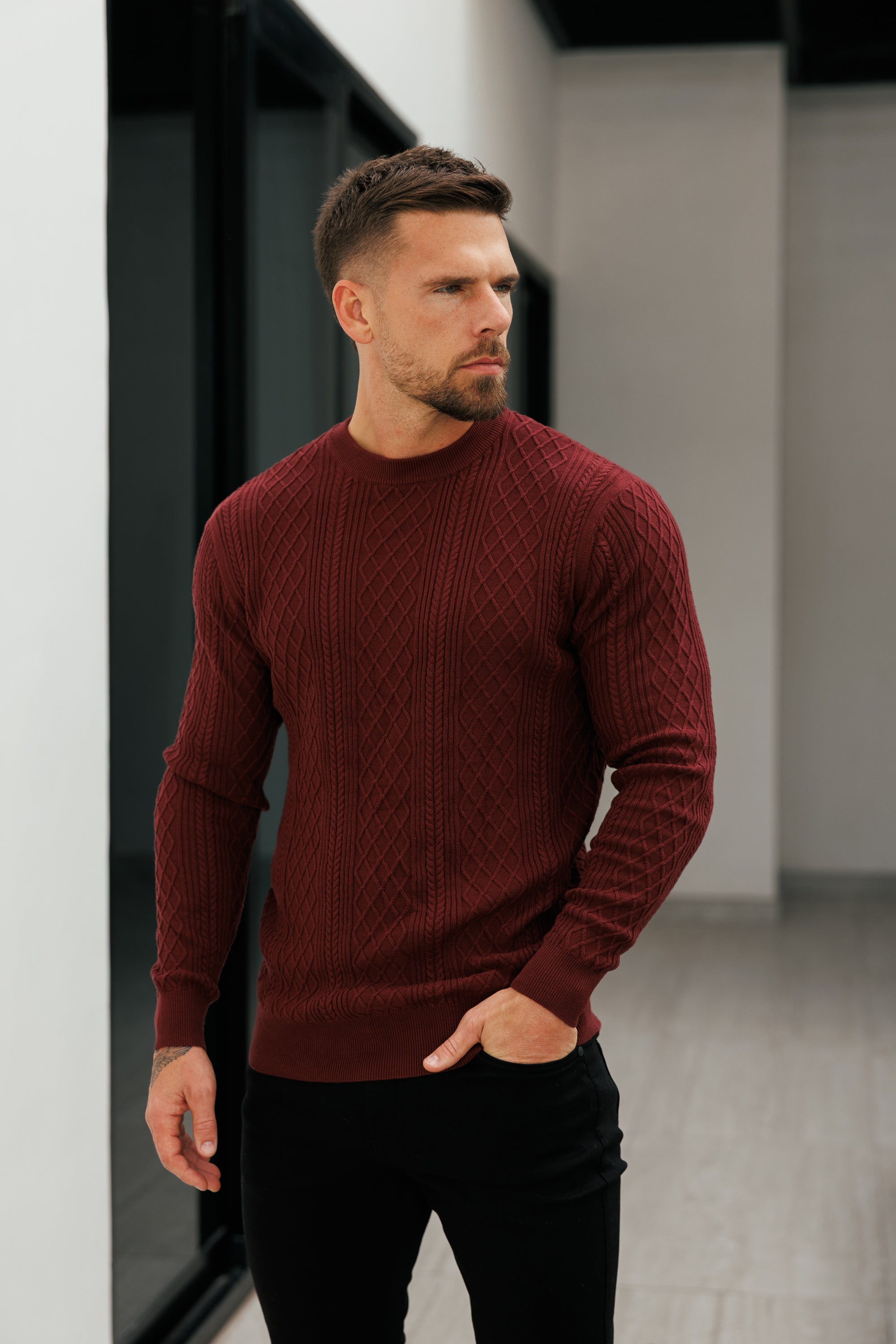 Feinstrickpullover mit Rautenmuster, burgunderrot, langärmlig - FSA008