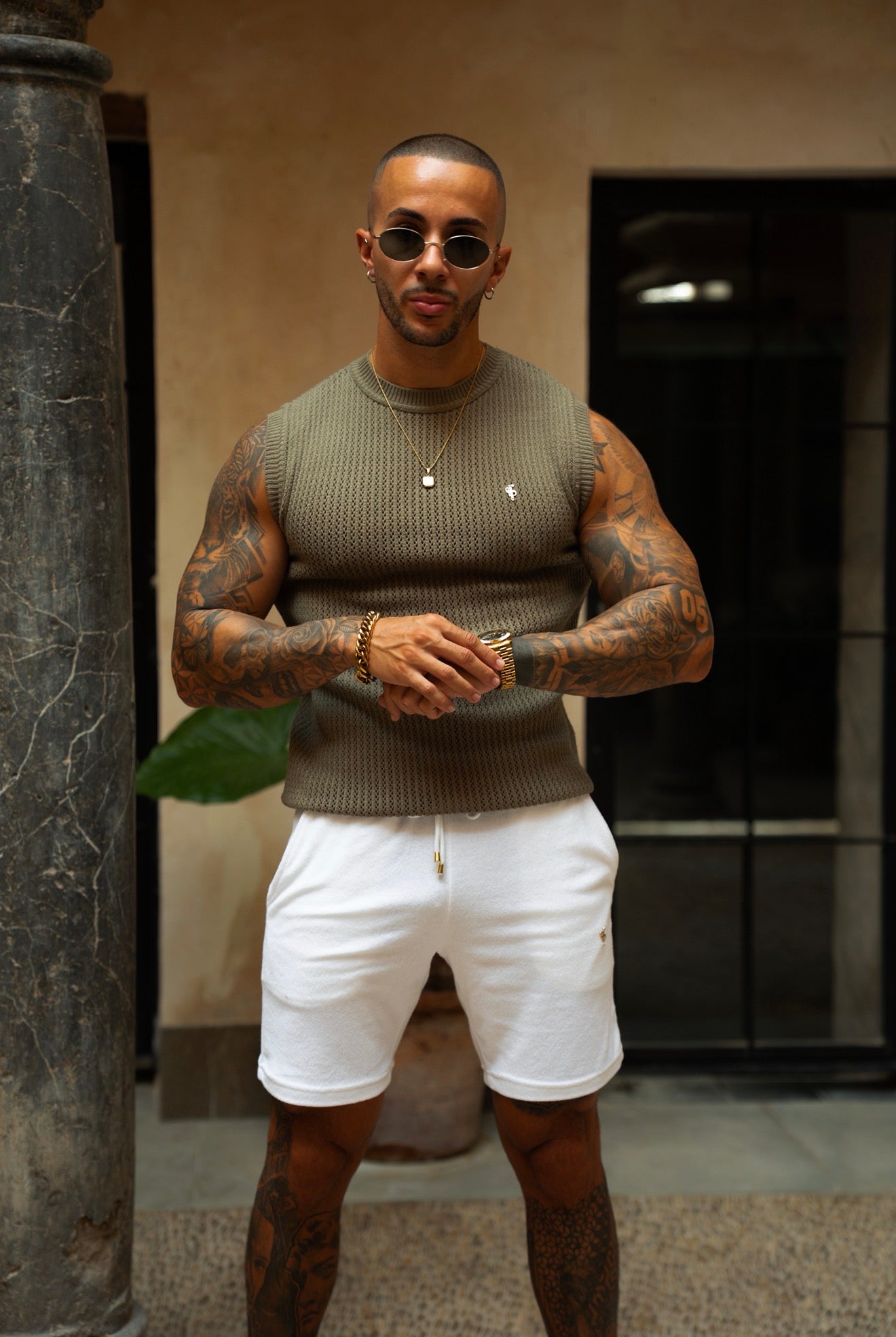 Dunkles Khaki / Silber Viskose Gehäkelte Strickweste - FSJ193