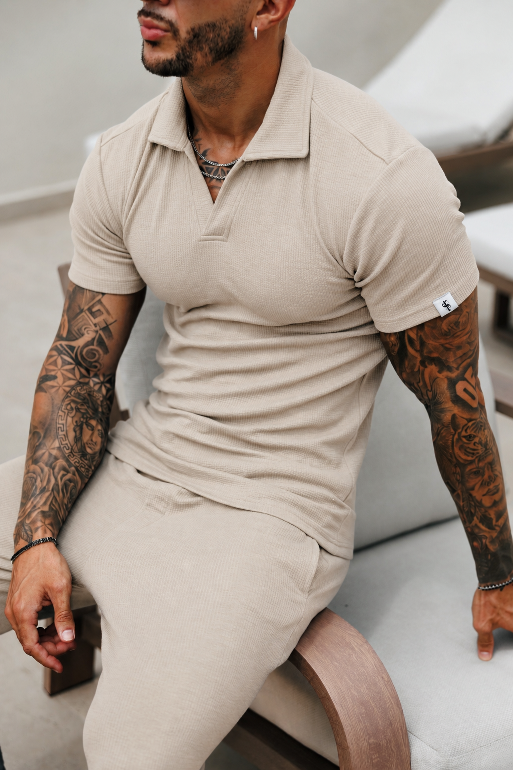 Beiges Jersey-Cord-Revers-Polo Kurzarm - FSR150