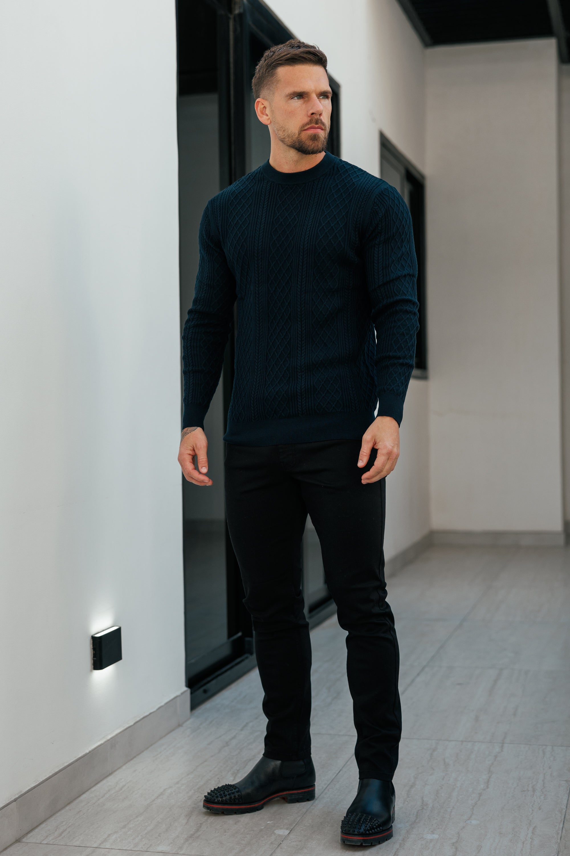 Feinstrickpullover mit Rautenmuster in Marineblau, langärmlig - FSA007