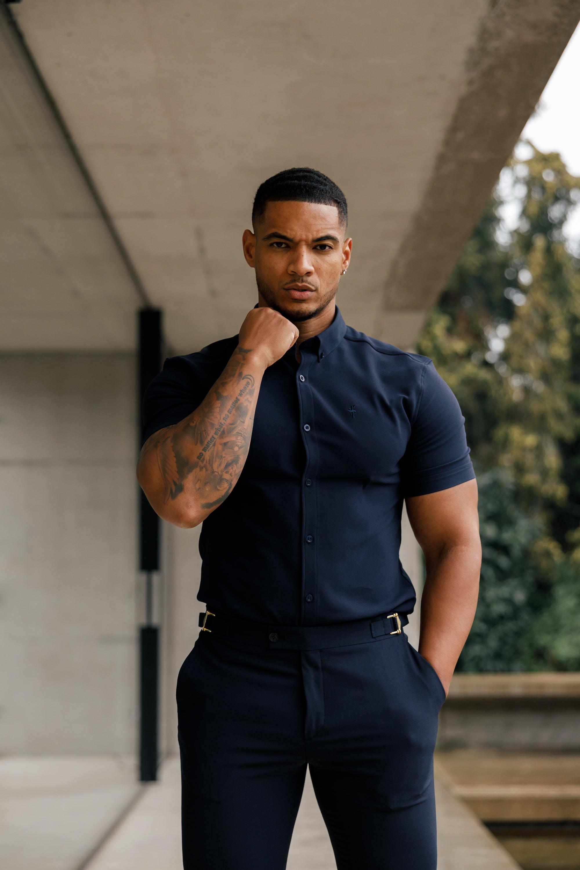 Slim Formal Navy Stretch Trousers With Gold Waist Adjusters - FST016