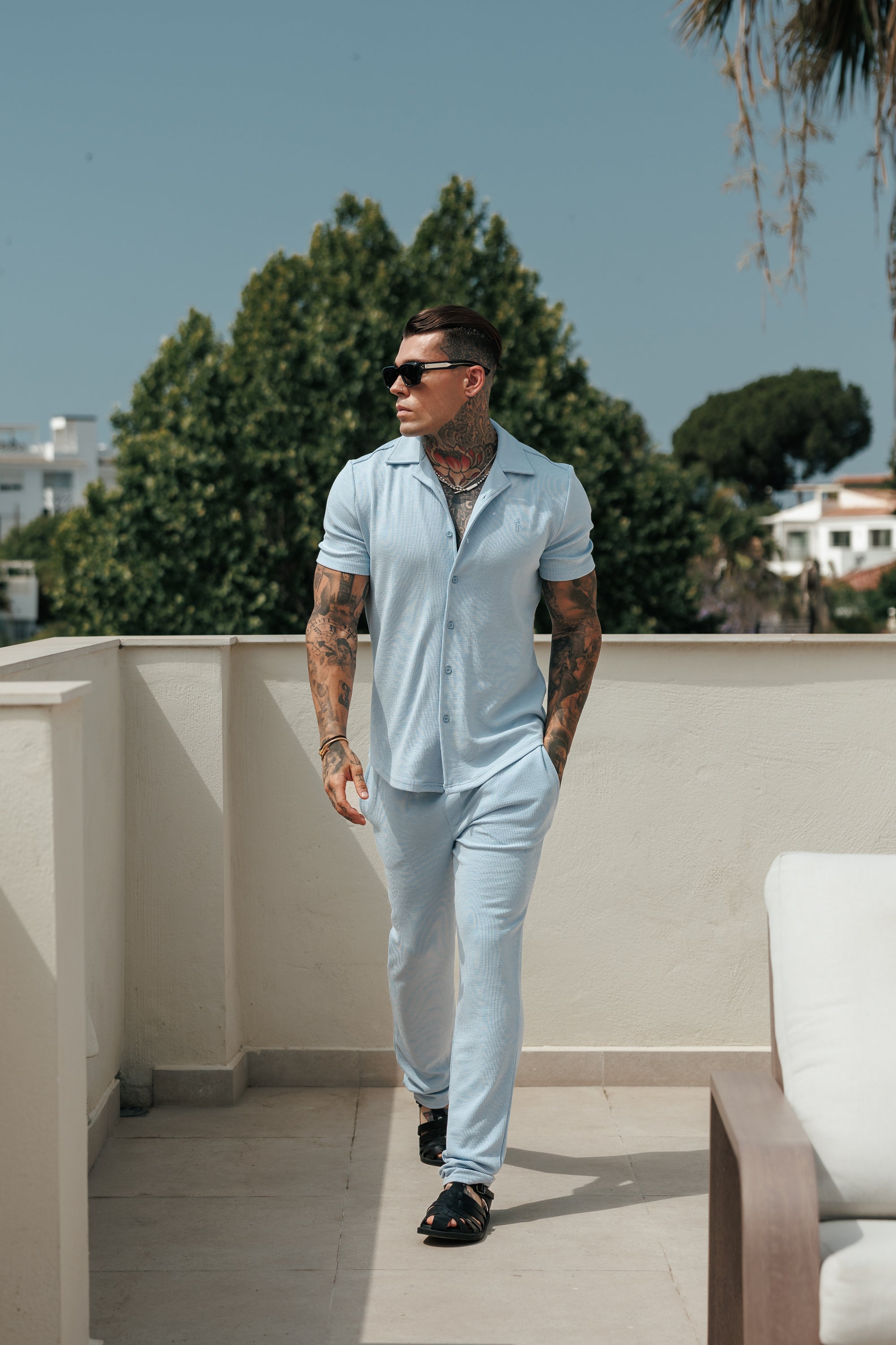 Jersey Cord Stretch Light Blue Revere Shirt Short Sleeve - FSR074 (PRE ORDER 18TH JULY)