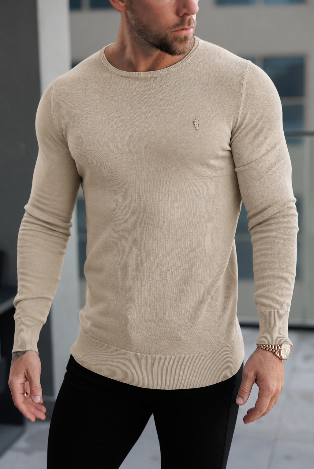 Einfarbiger Rundhalspullover aus weichem Strick in Beige – FSA102