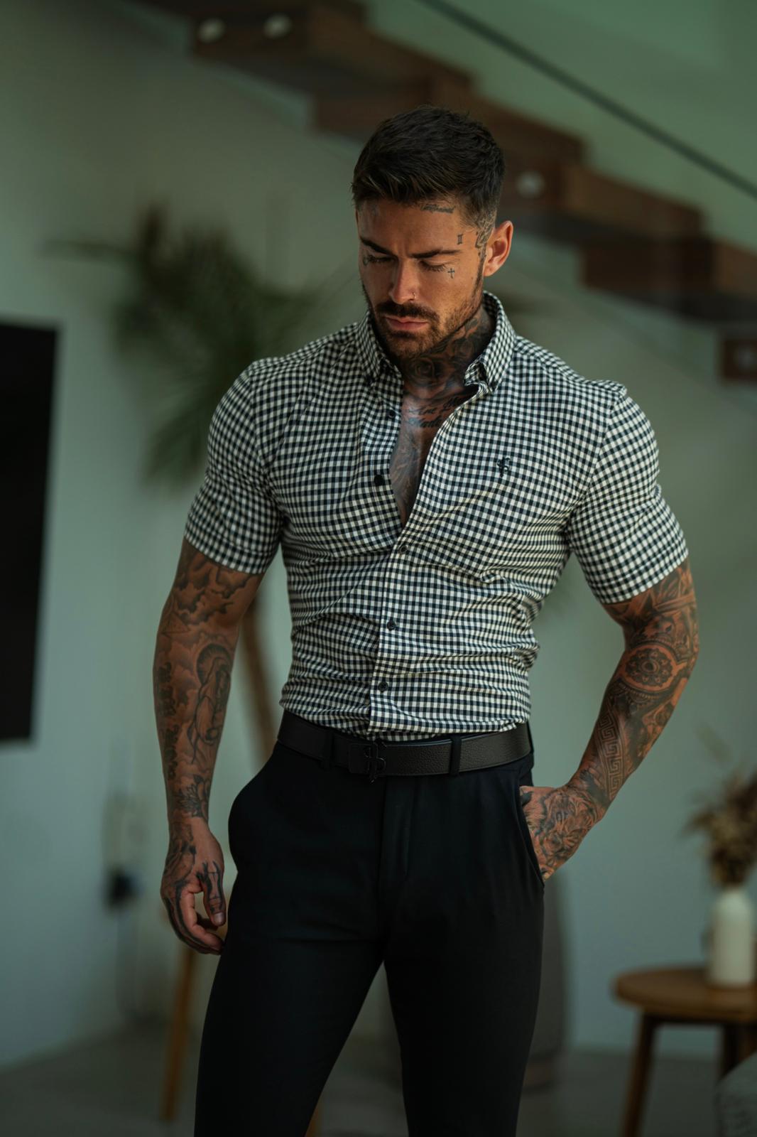 Super Slim Stretch White / Black Check Short Sleeve with Button Down Collar - FS1070