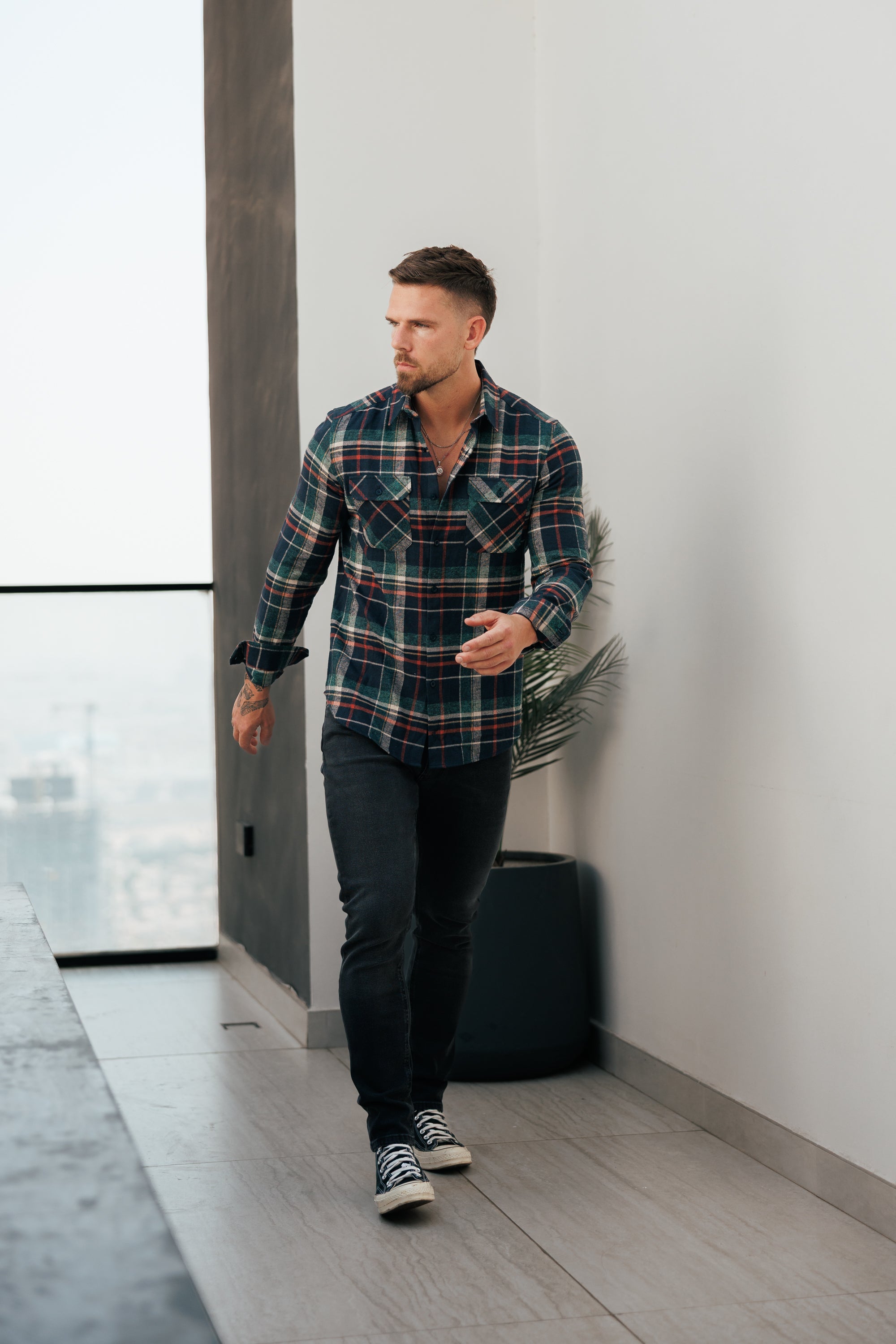 Marineblau/Grün/Rost karierte Hemdjacke mit Doppeltaschen - FS1198