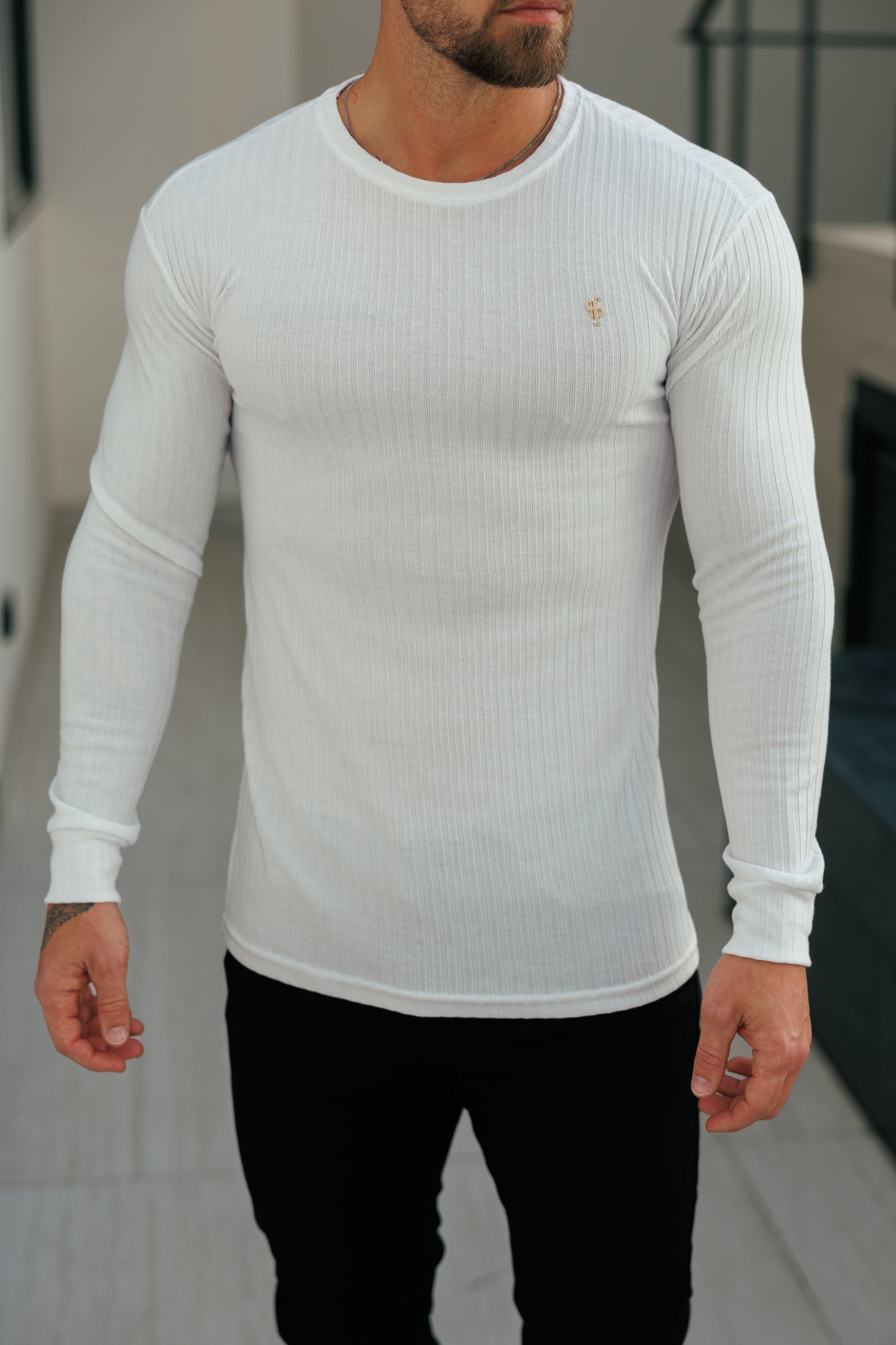 Super Slim Weiß/Gold Rippstrick Super Slim Crew - FSH499