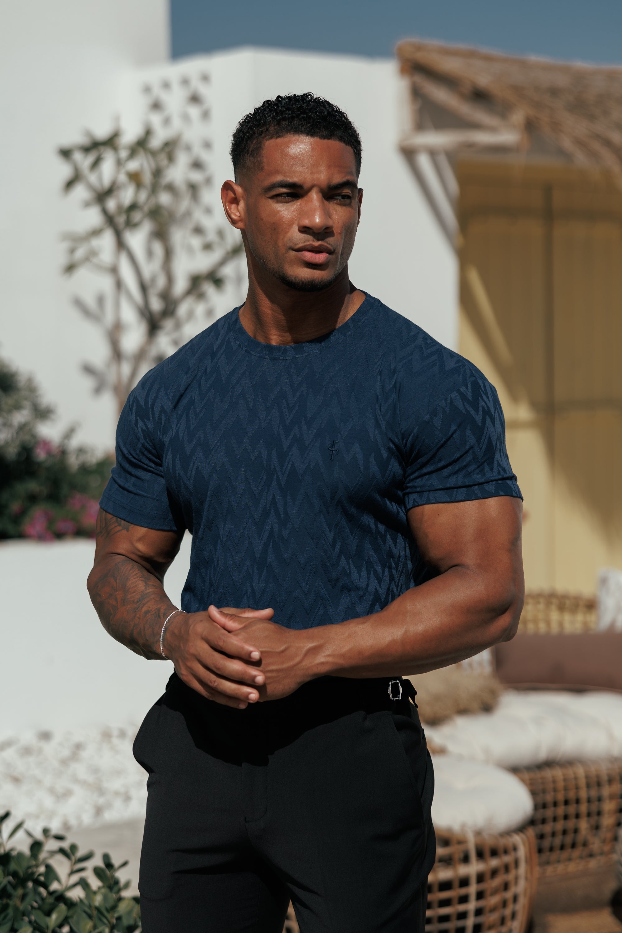 Regular Fit Jacquard Navy Chevron T-Shirt - FSR048