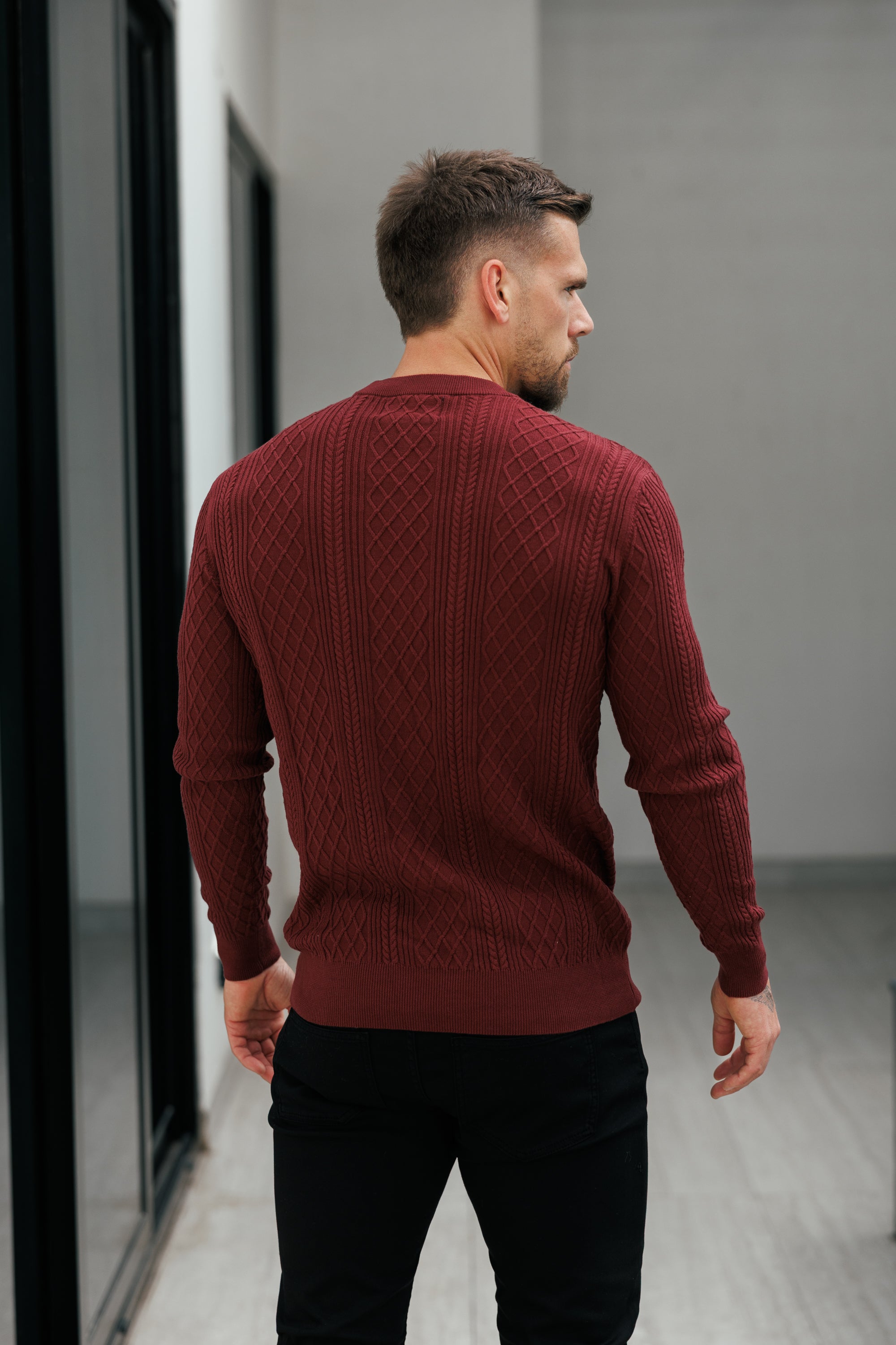 Feinstrickpullover mit Rautenmuster, burgunderrot, langärmlig - FSA008