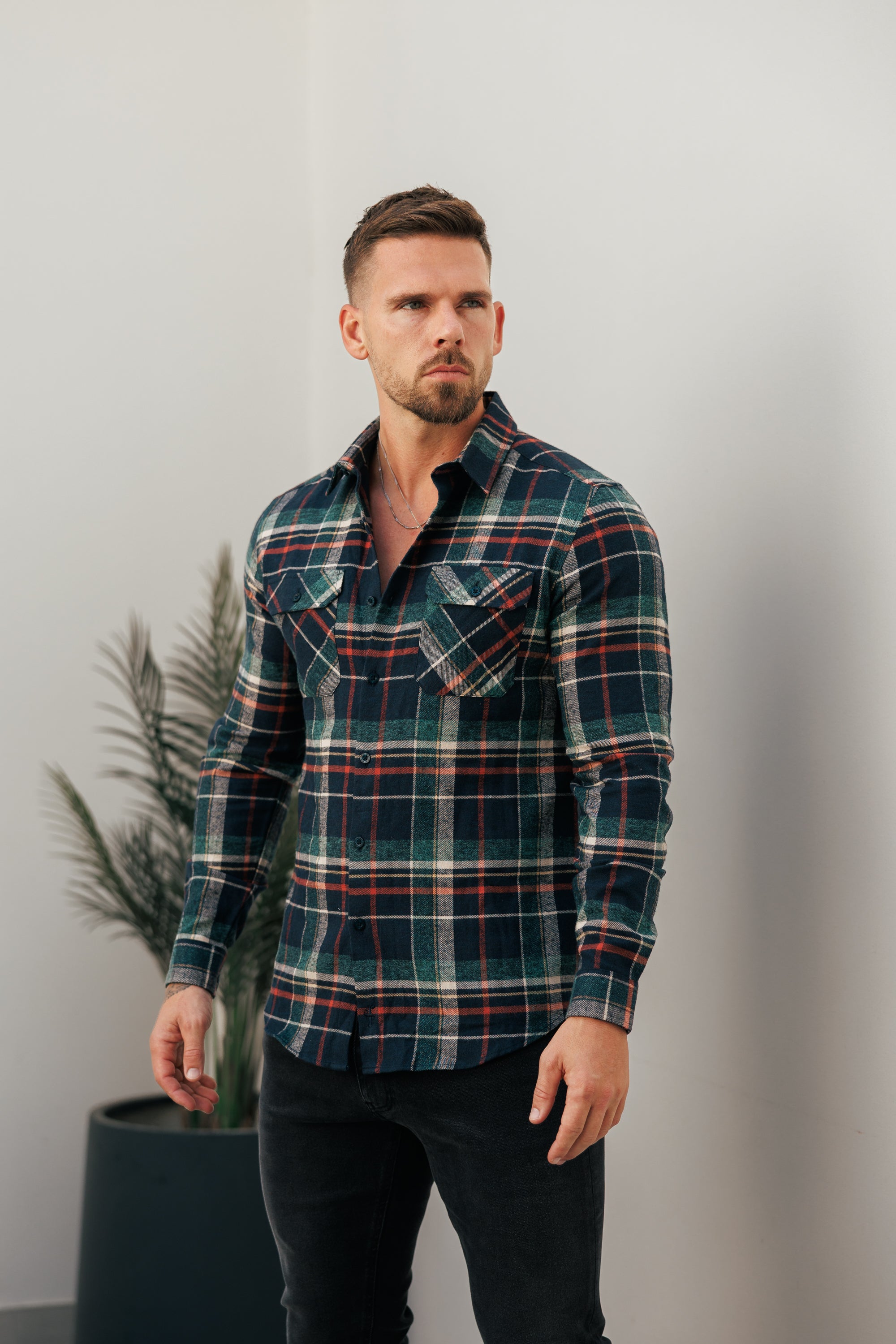 Marineblau/Grün/Rost karierte Hemdjacke mit Doppeltaschen - FS1198