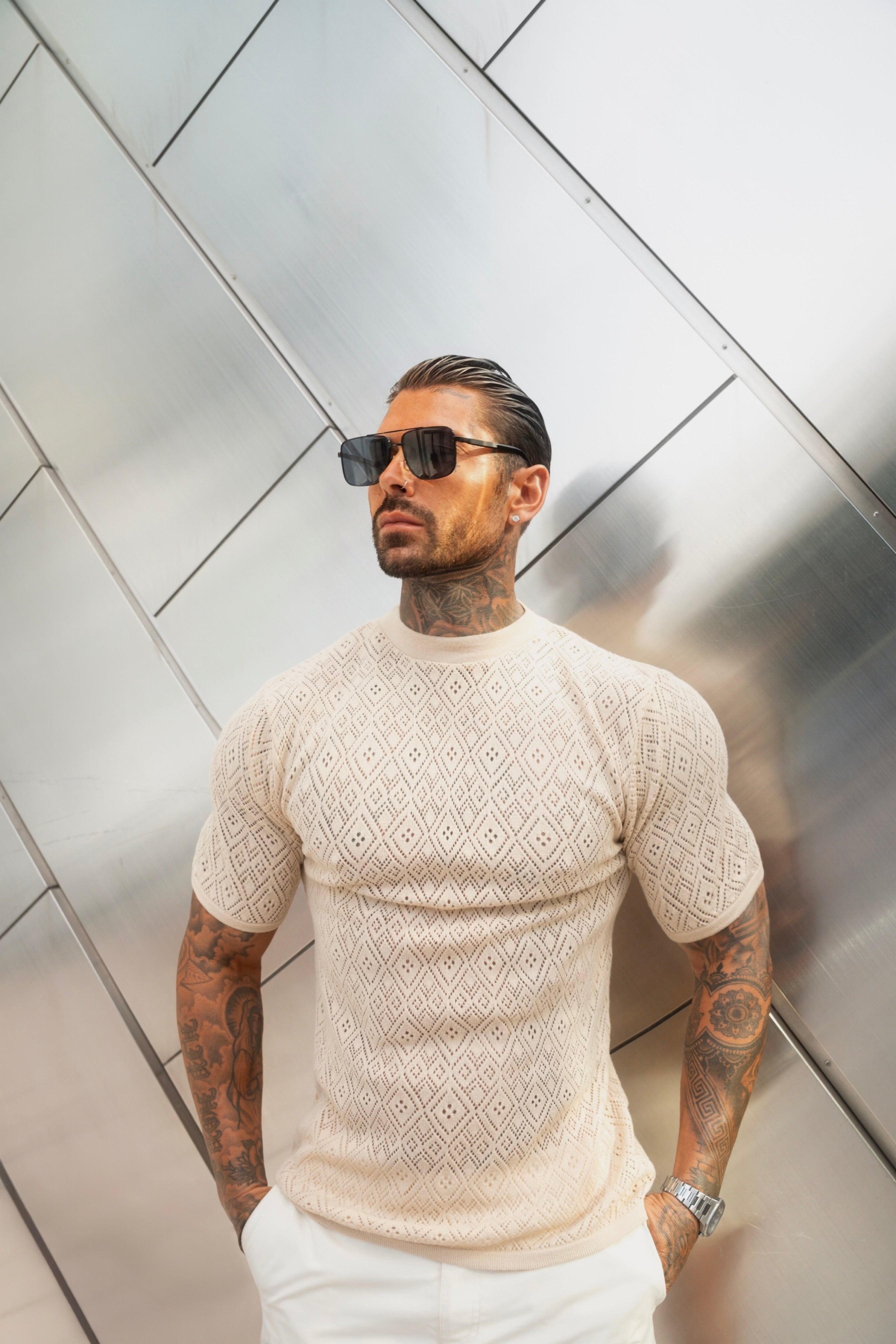 Crochet Crew T-Shirt Honesty Beige Short Sleeve - FSJ087