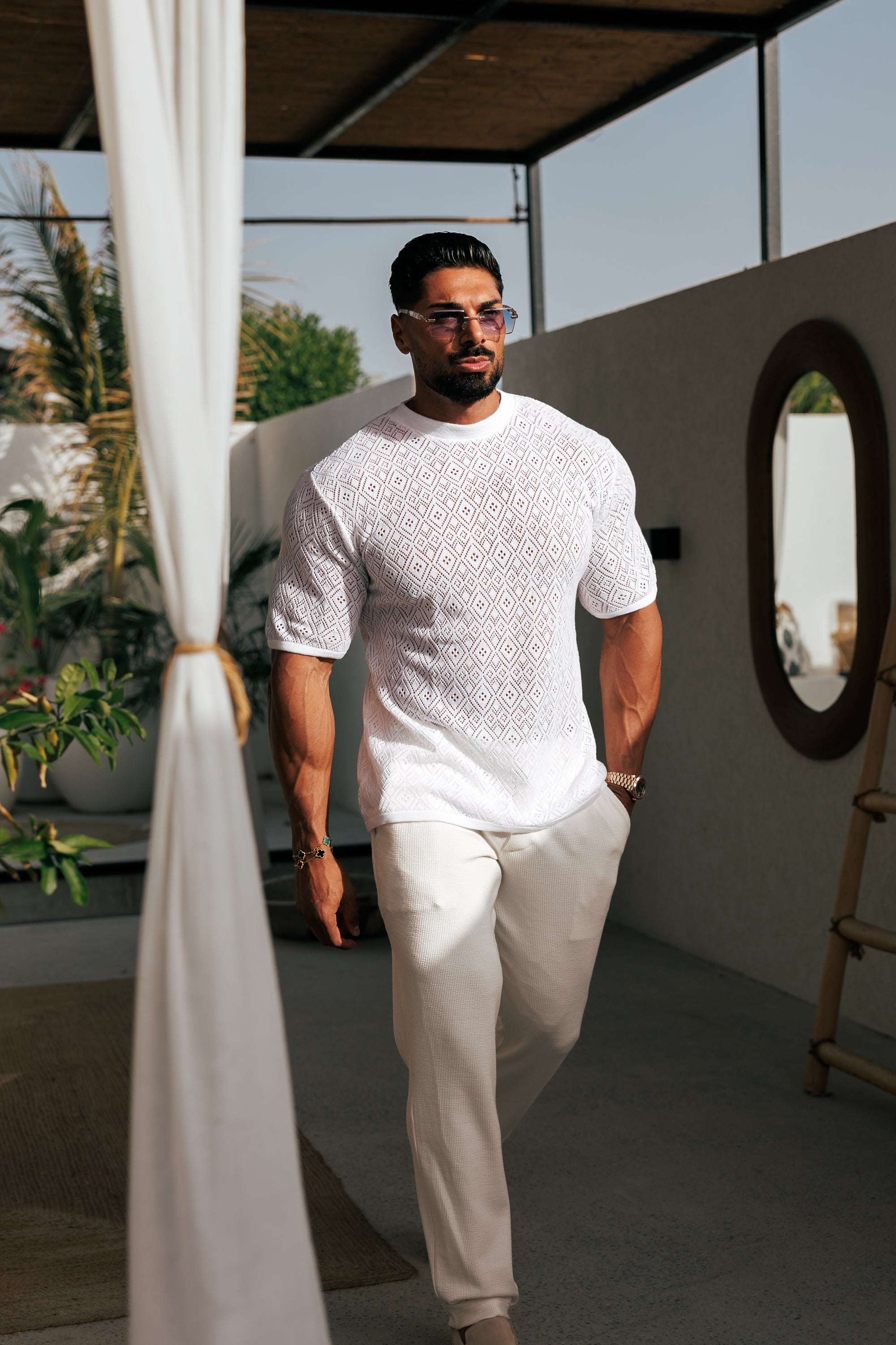 Crochet Crew T-Shirt White Short Sleeve - FSJ086