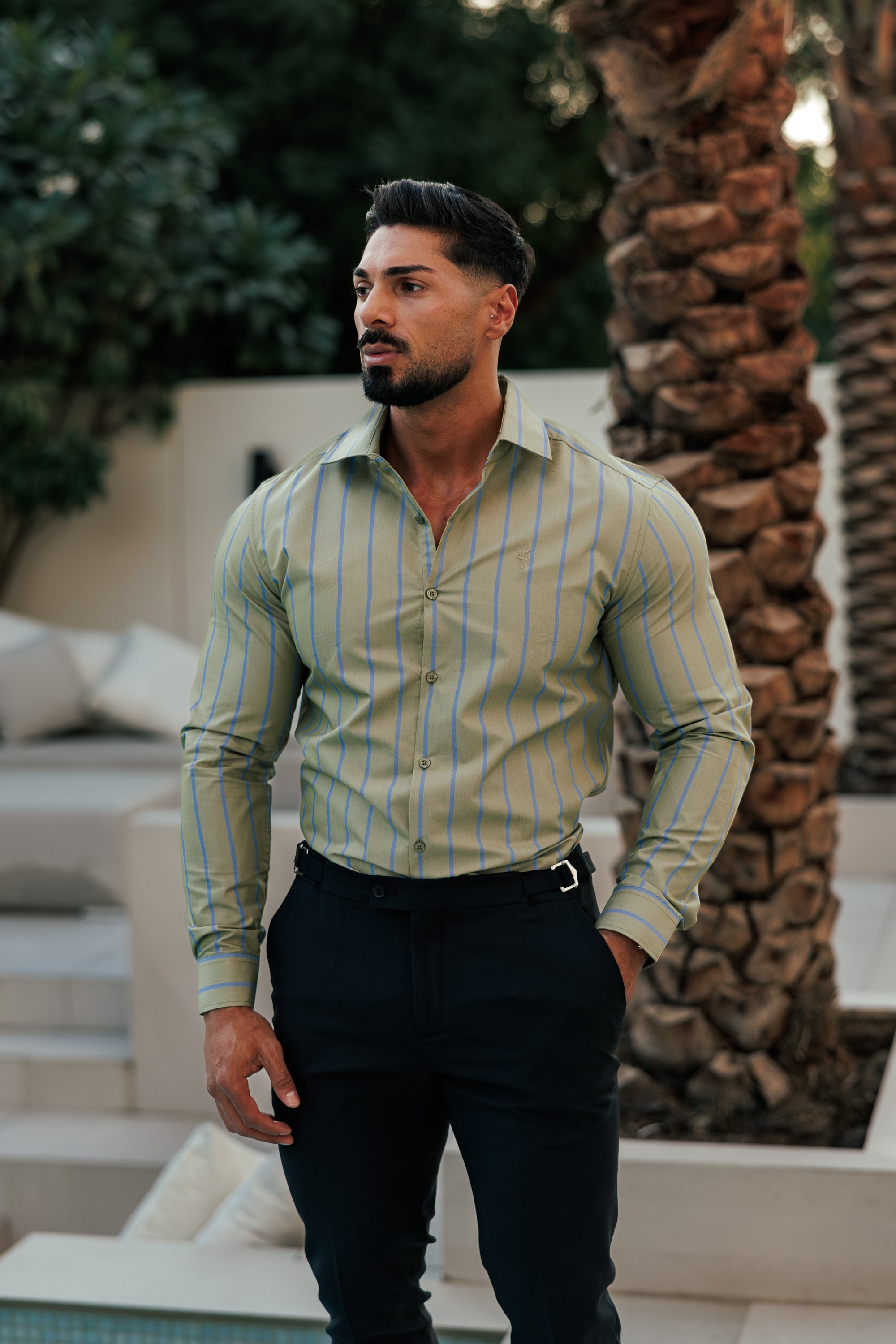 Klassisches grün/blau gestreiftes Langarmshirt mit Cutaway-Kragen - FS1179