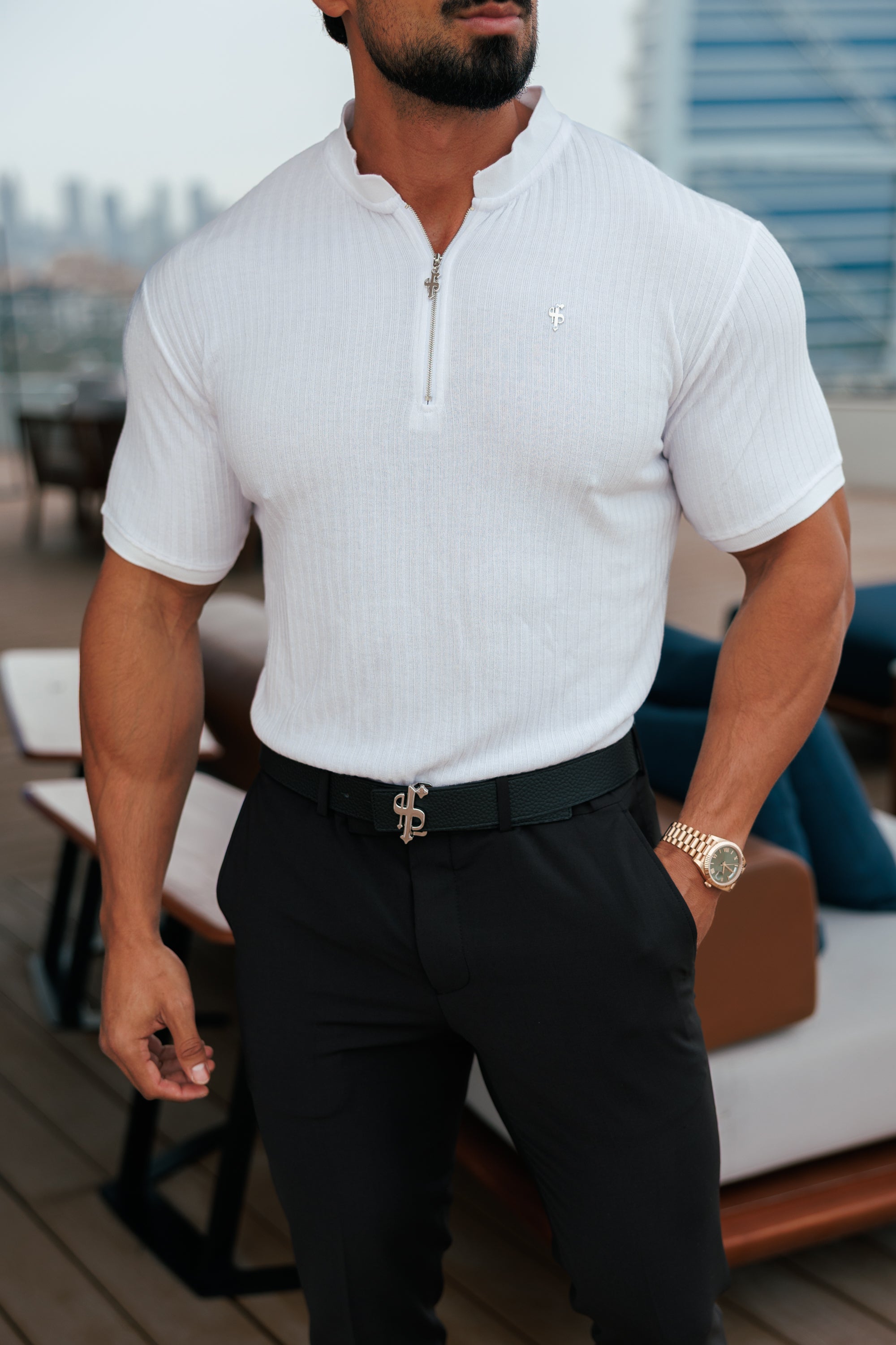 Classic White / Silver  Ribbed Zip Grandad Collar Shirt Short Sleeve - FSH1447