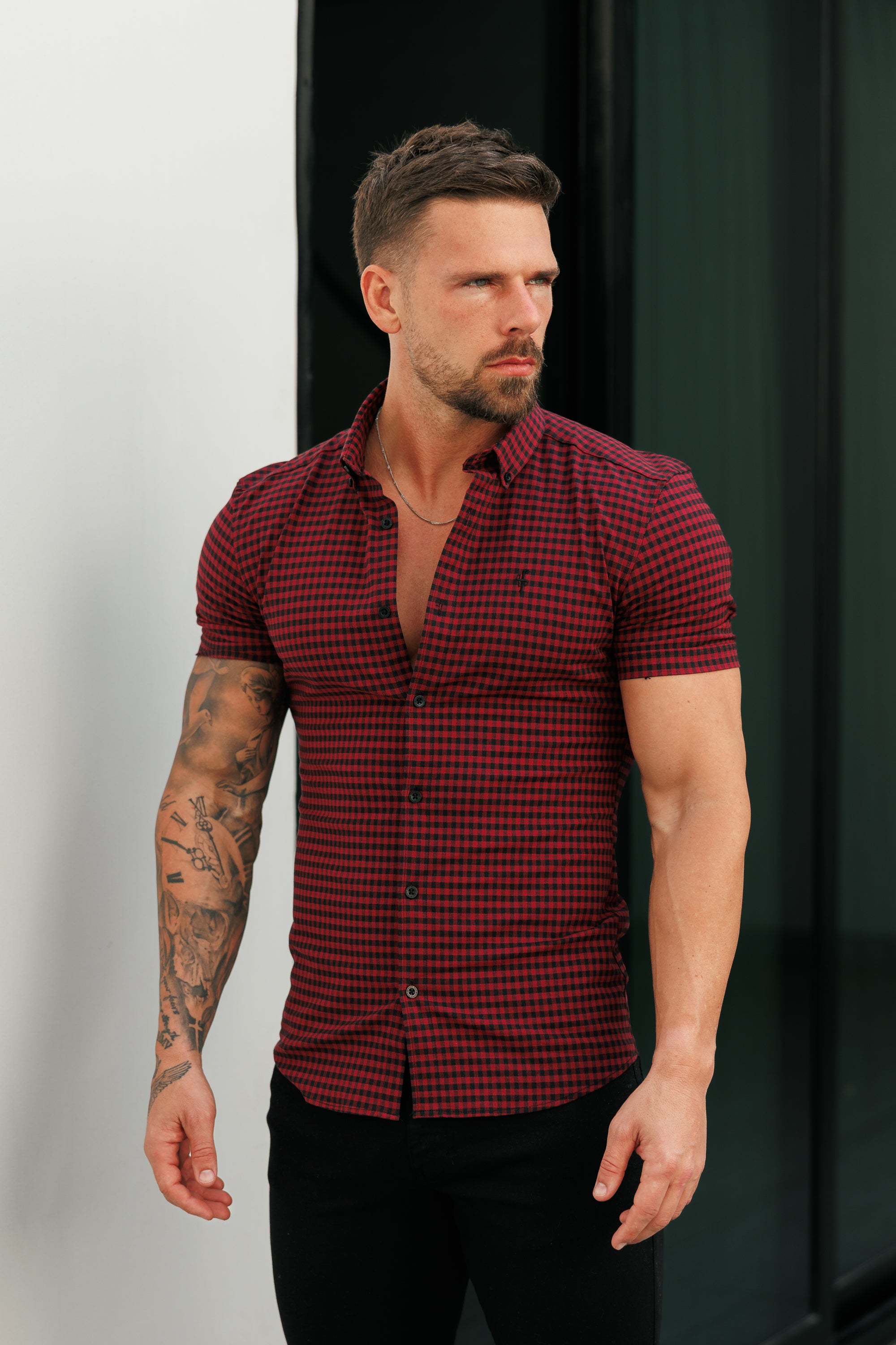 Super Slim Ultra Stretch Kurzarm, rot-schwarz kariert - FS514