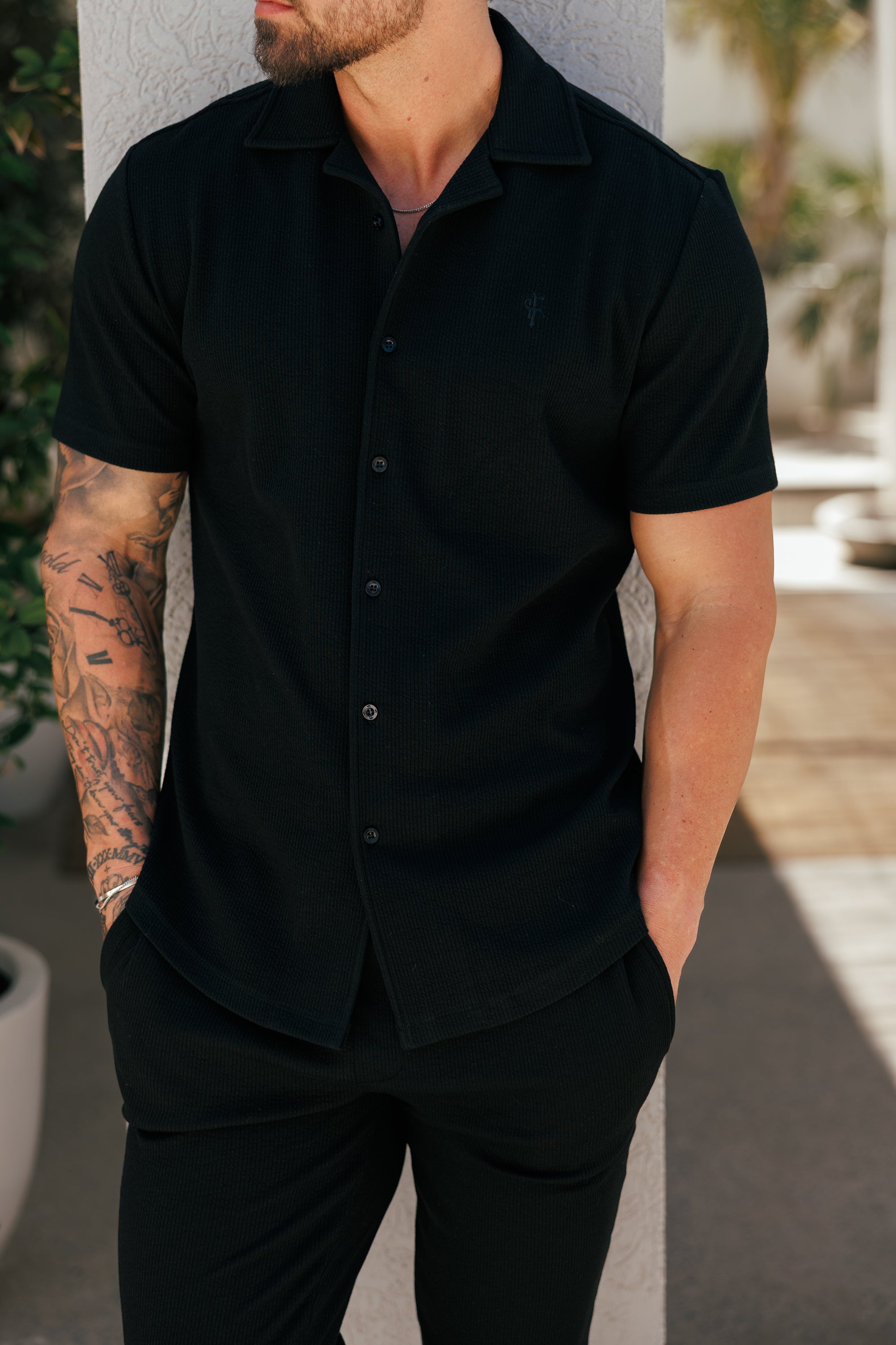 Jersey Cord Stretch Black Revere Shirt Short Sleeve - FSR070