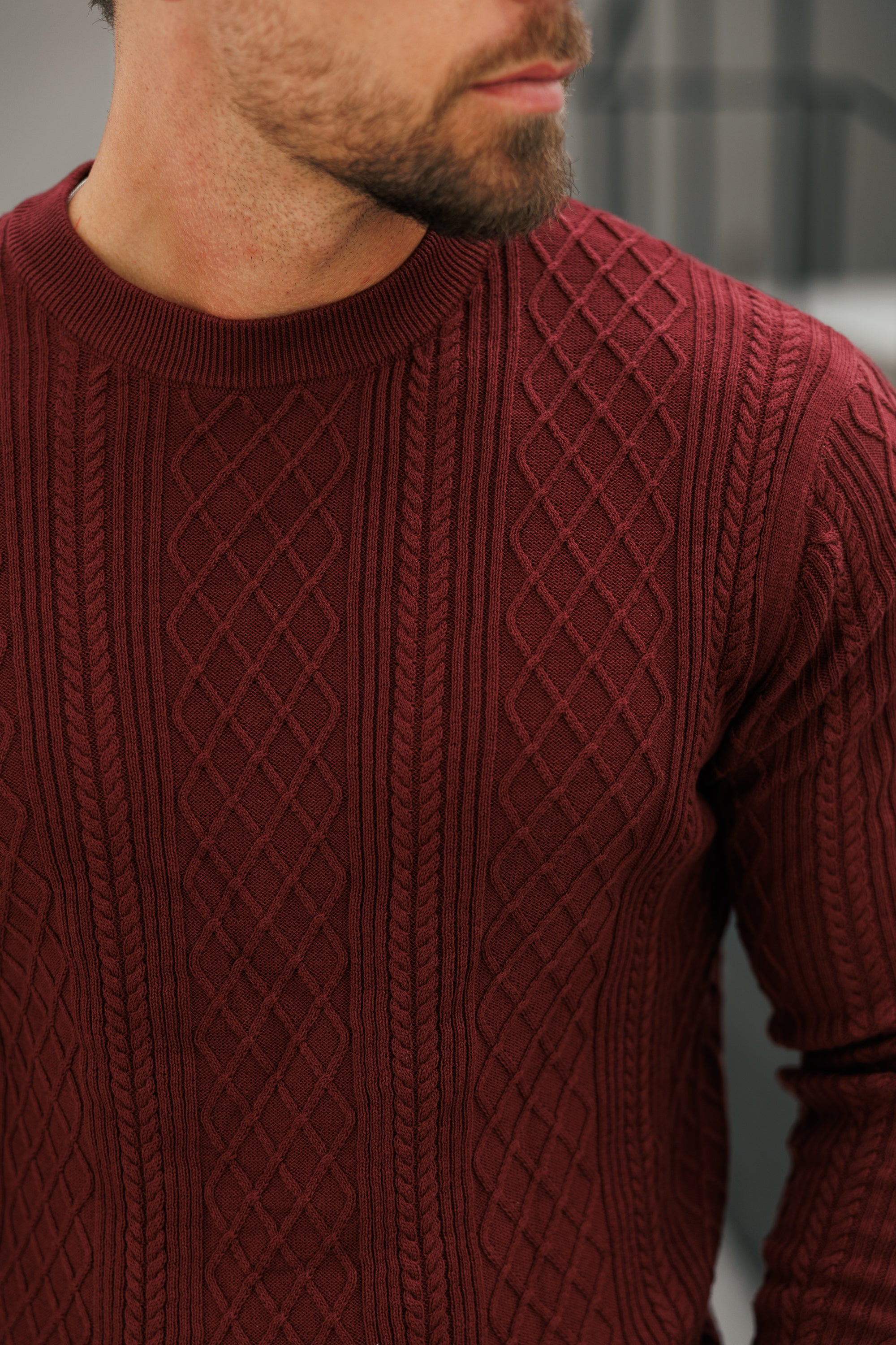 Feinstrickpullover mit Rautenmuster, burgunderrot, langärmlig - FSA008