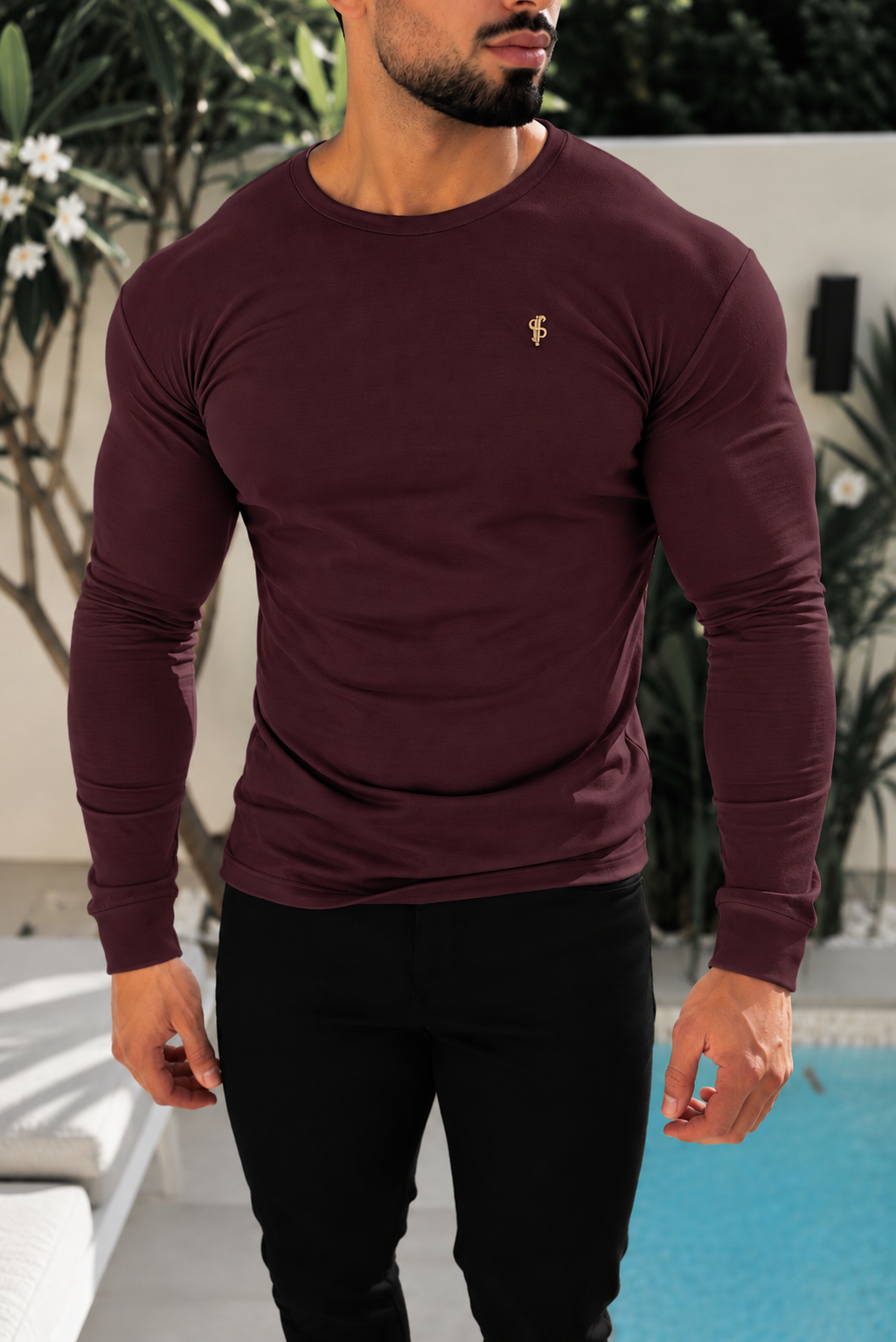Burgundy / Gold Bamboo Crew T-Shirt Long Sleeve - FSH1685