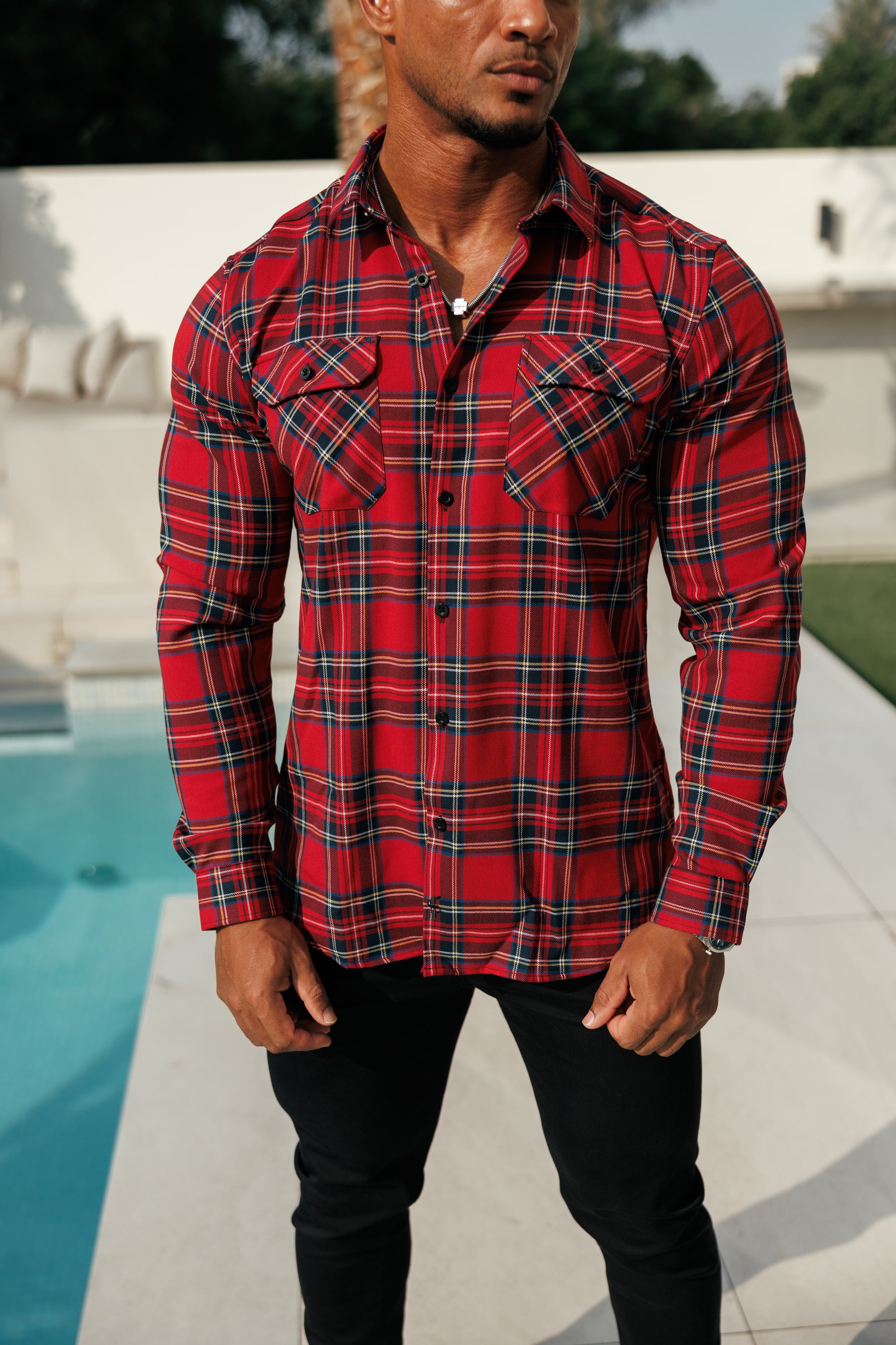 Rot-karierte Hemdjacke mit doppelten Taschen - FS1036