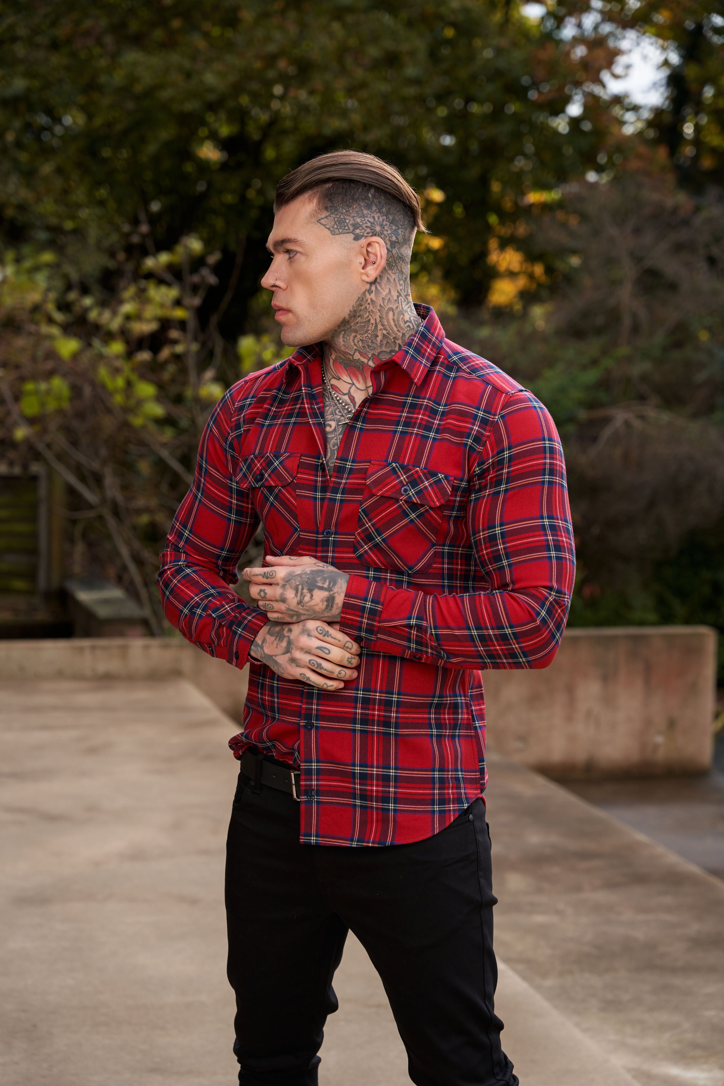Rot-karierte Hemdjacke mit doppelten Taschen - FS1036