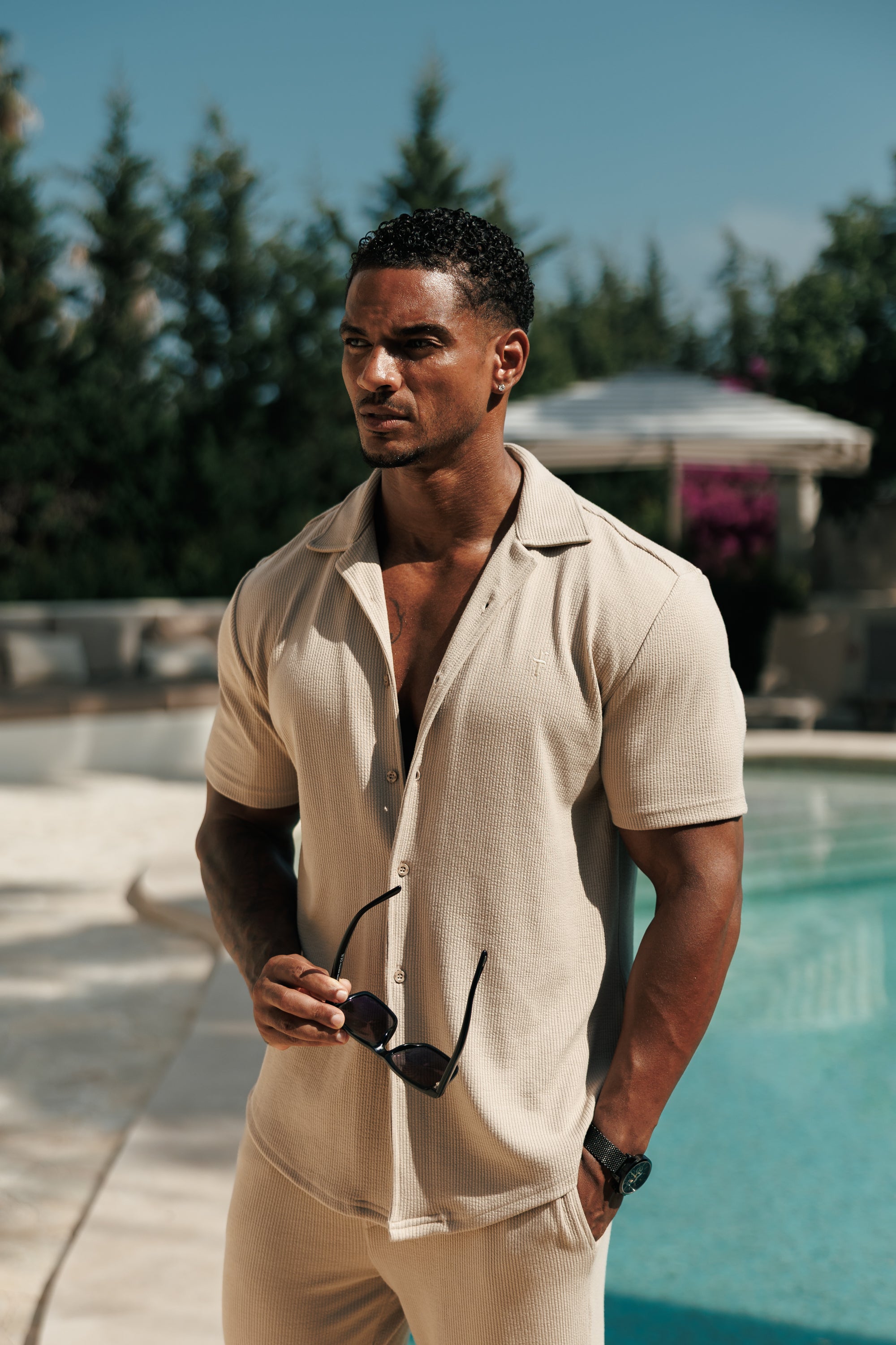 Jersey-Kord-Stretch-Hemd Beige Revers Kragen Kurzarm - FSR073