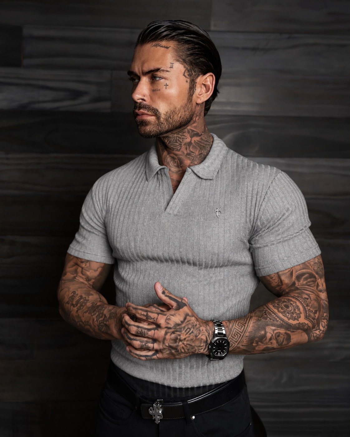 Light Grey / Silver Ribbed Revere Short Sleeve Polo Shirt - FSH1461