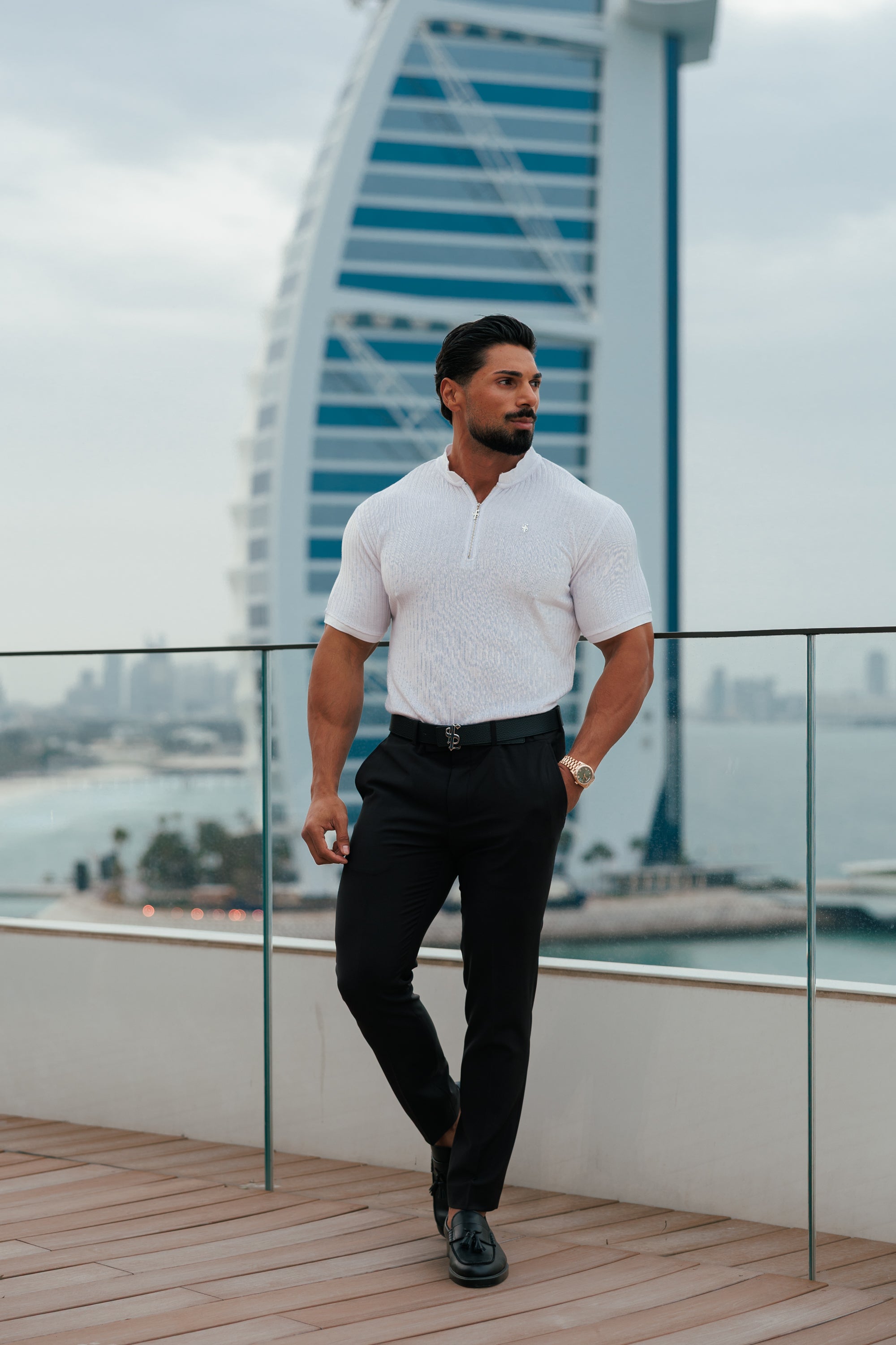 Classic White / Silver  Ribbed Zip Grandad Collar Shirt Short Sleeve - FSH1447