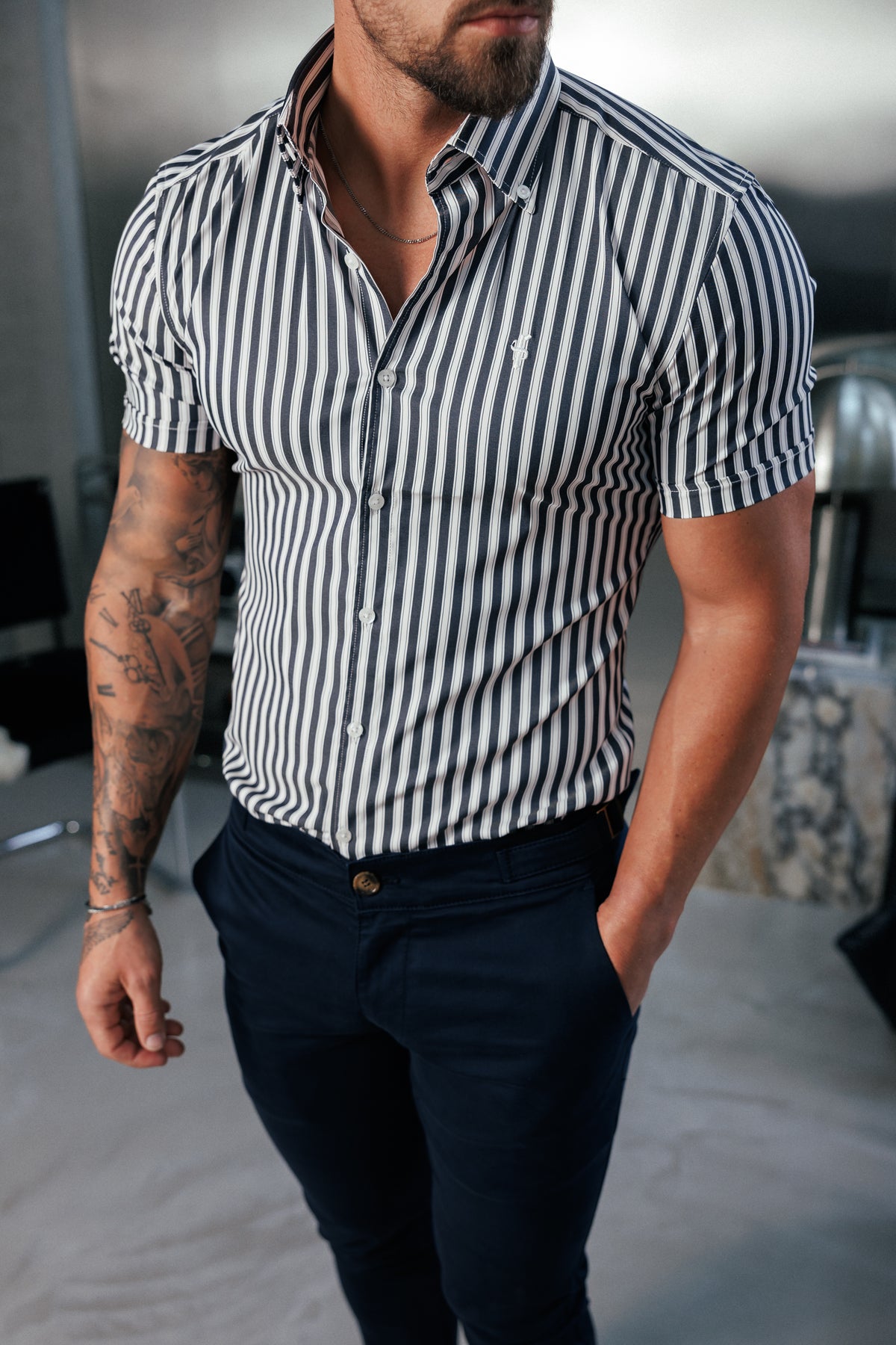 Super Slim Stretch Sateen Touch White / Navy Double Stripe Short Sleeve  -  FS1288