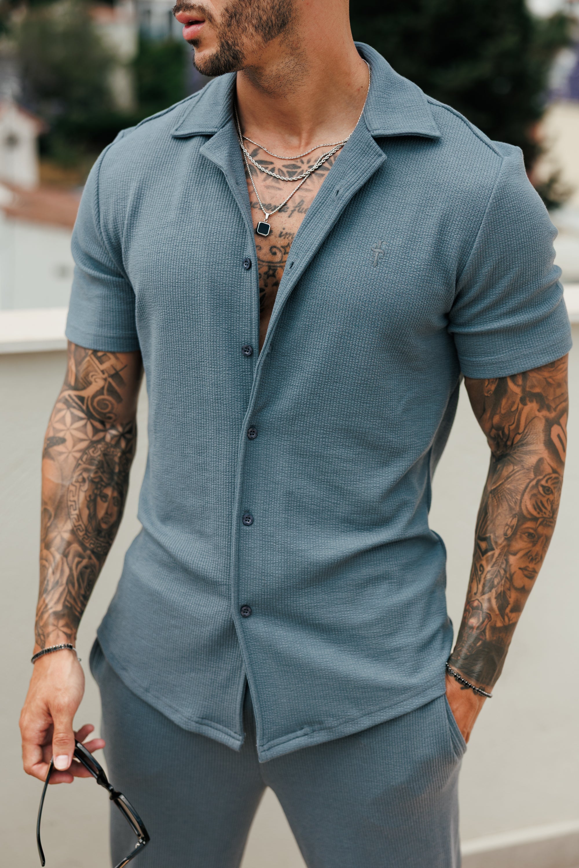Jersey Cord Stretch Gunmetal Revere Shirt Short Sleeve - FSR076 (PRE ORDER 27TH JULY)