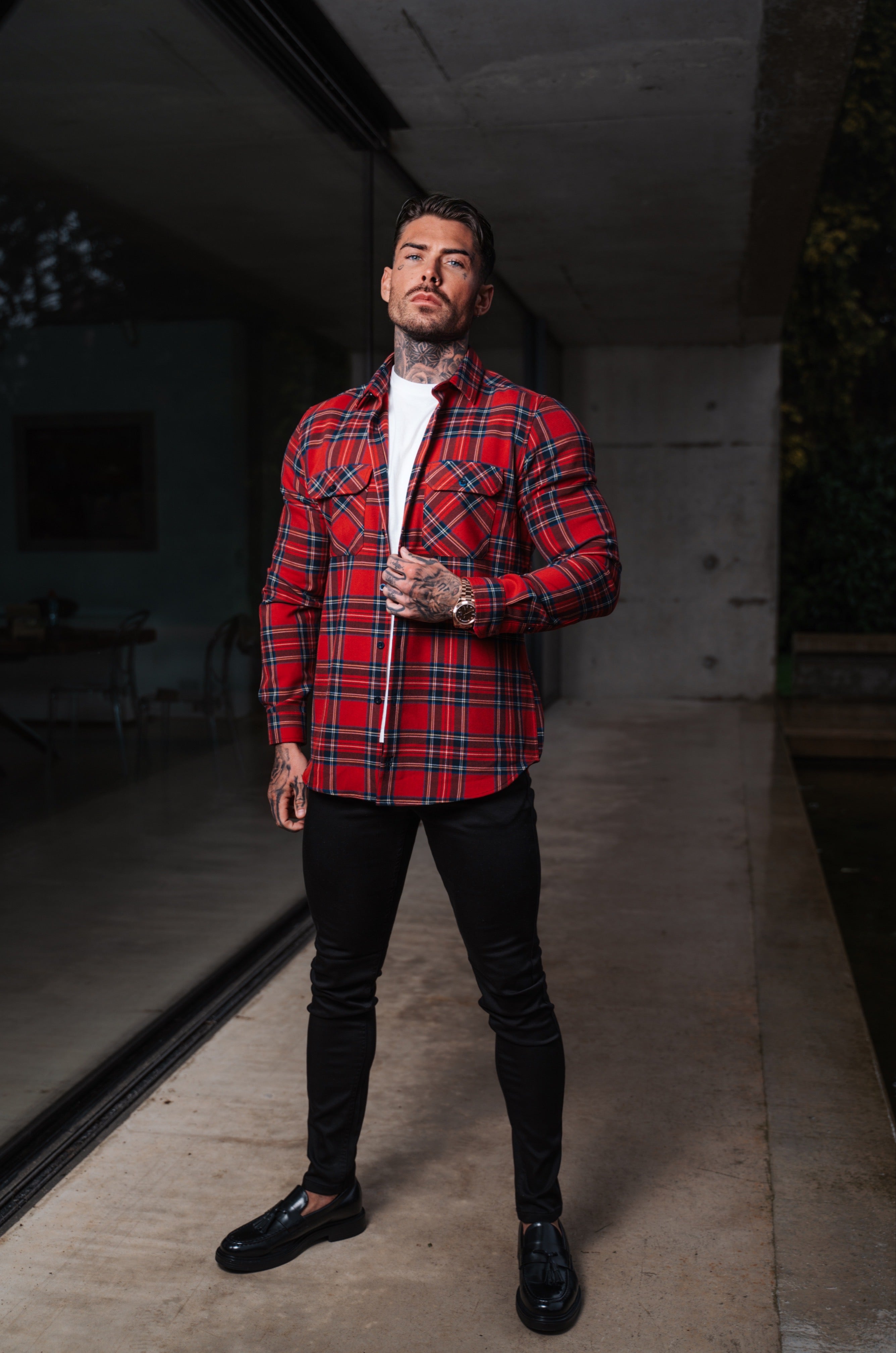 Rot-karierte Hemdjacke mit doppelten Taschen - FS1036