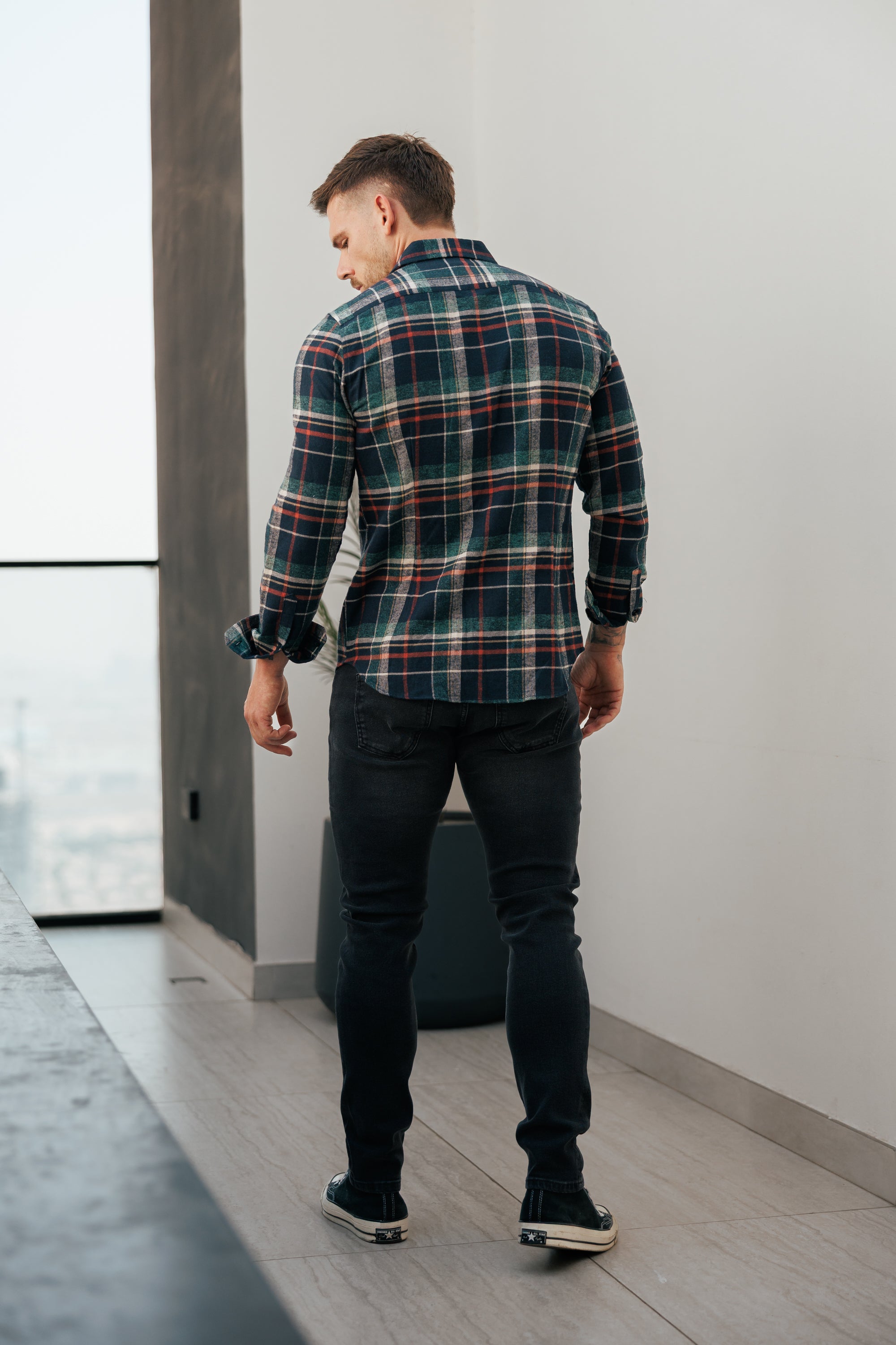 Marineblau/Grün/Rost karierte Hemdjacke mit Doppeltaschen - FS1198