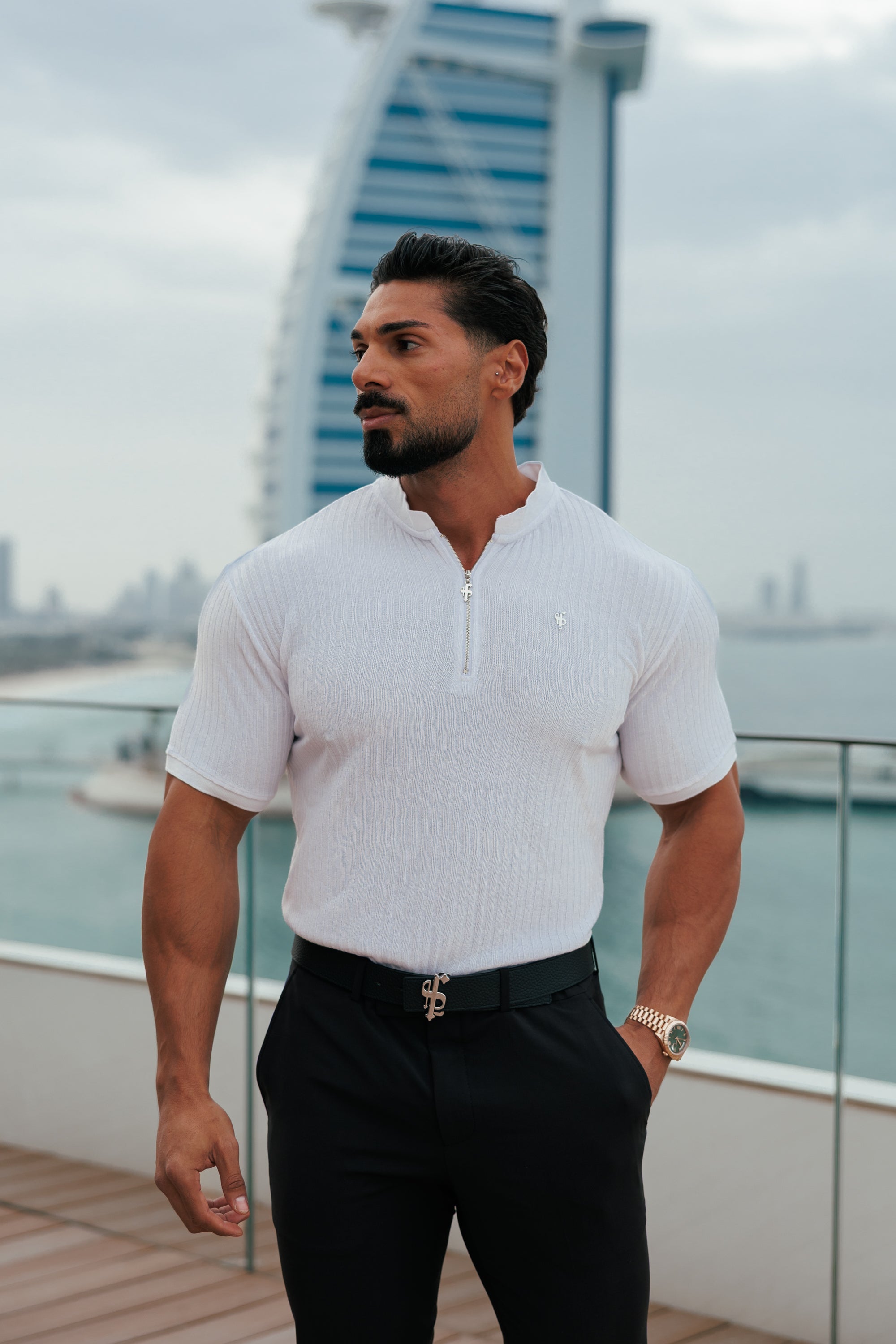 Classic White / Silver  Ribbed Zip Grandad Collar Shirt Short Sleeve - FSH1447