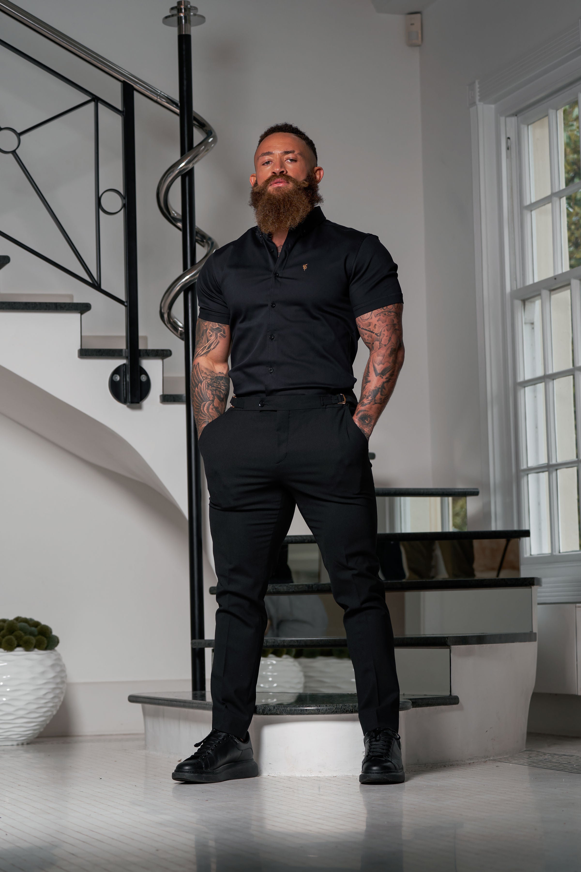 Slim Formal Black Stretch Trousers With Gold Waist Adjusters - FST018