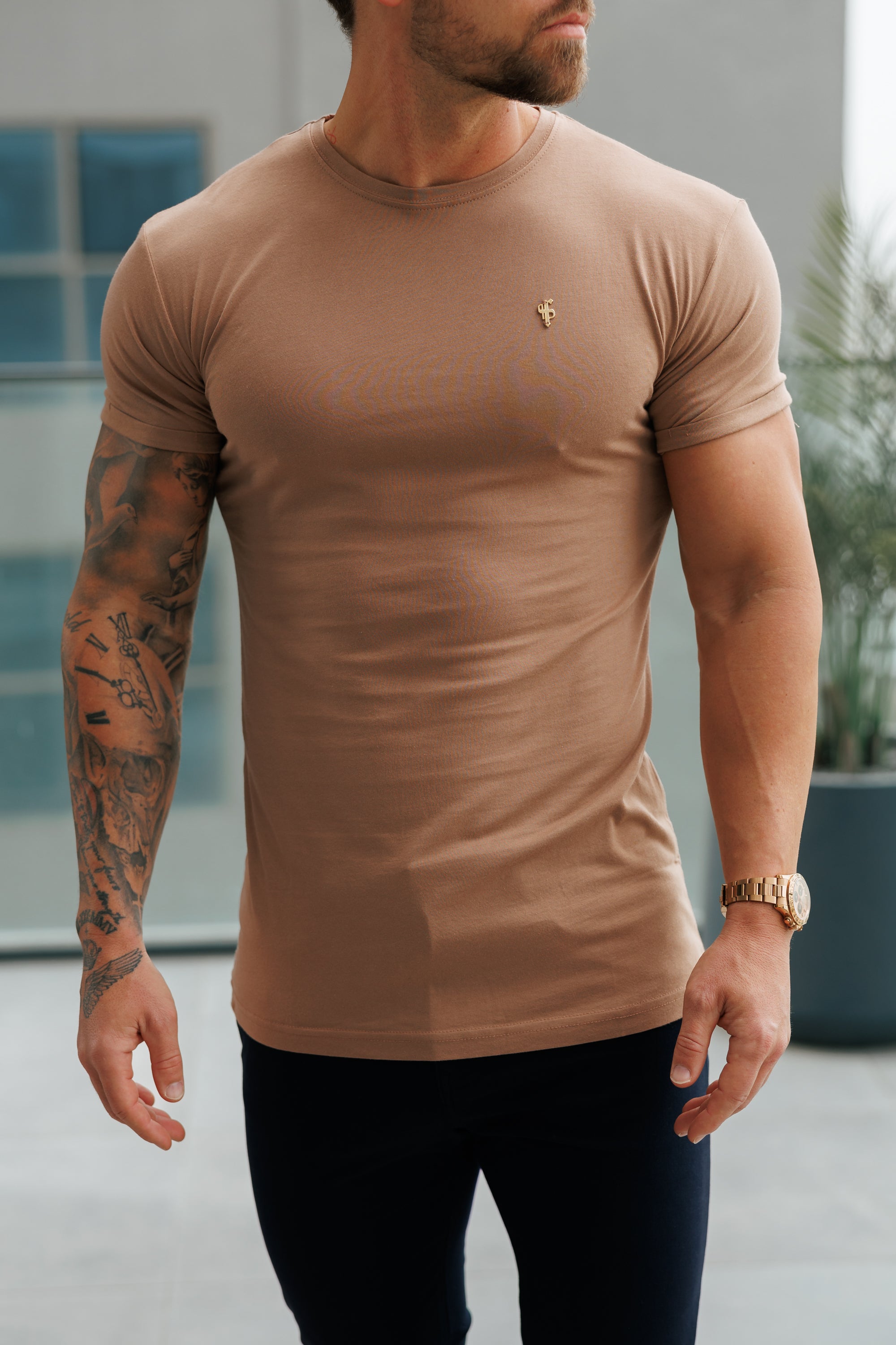 Kaffee/Goldenes Bambus-T-Shirt mit Rundhalsausschnitt - FSH1217