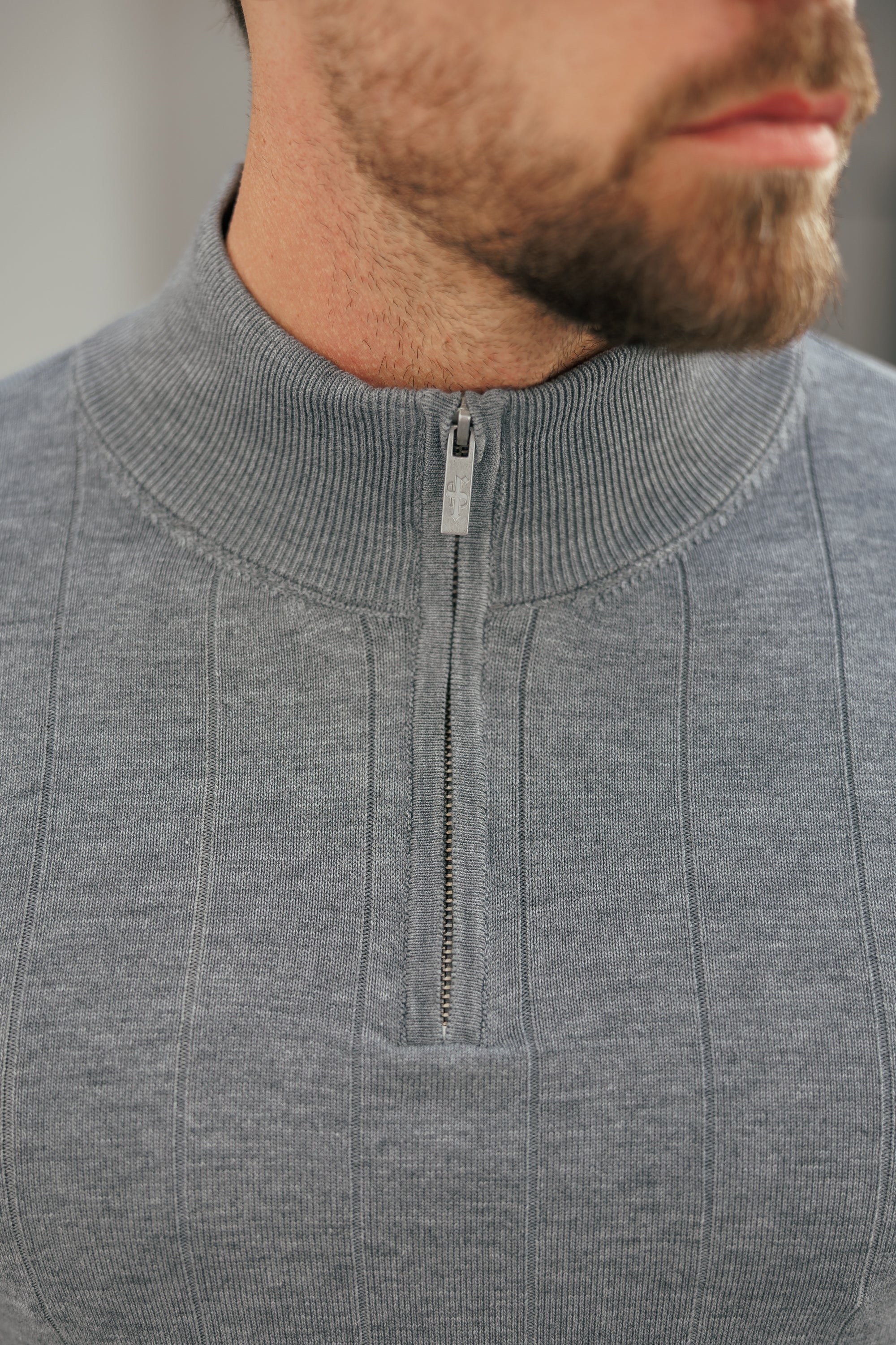 Self Stripe 1/4 Zip Funnel Neck Knit Jumper Light Charcoal Long Sleeve  -  FSR053