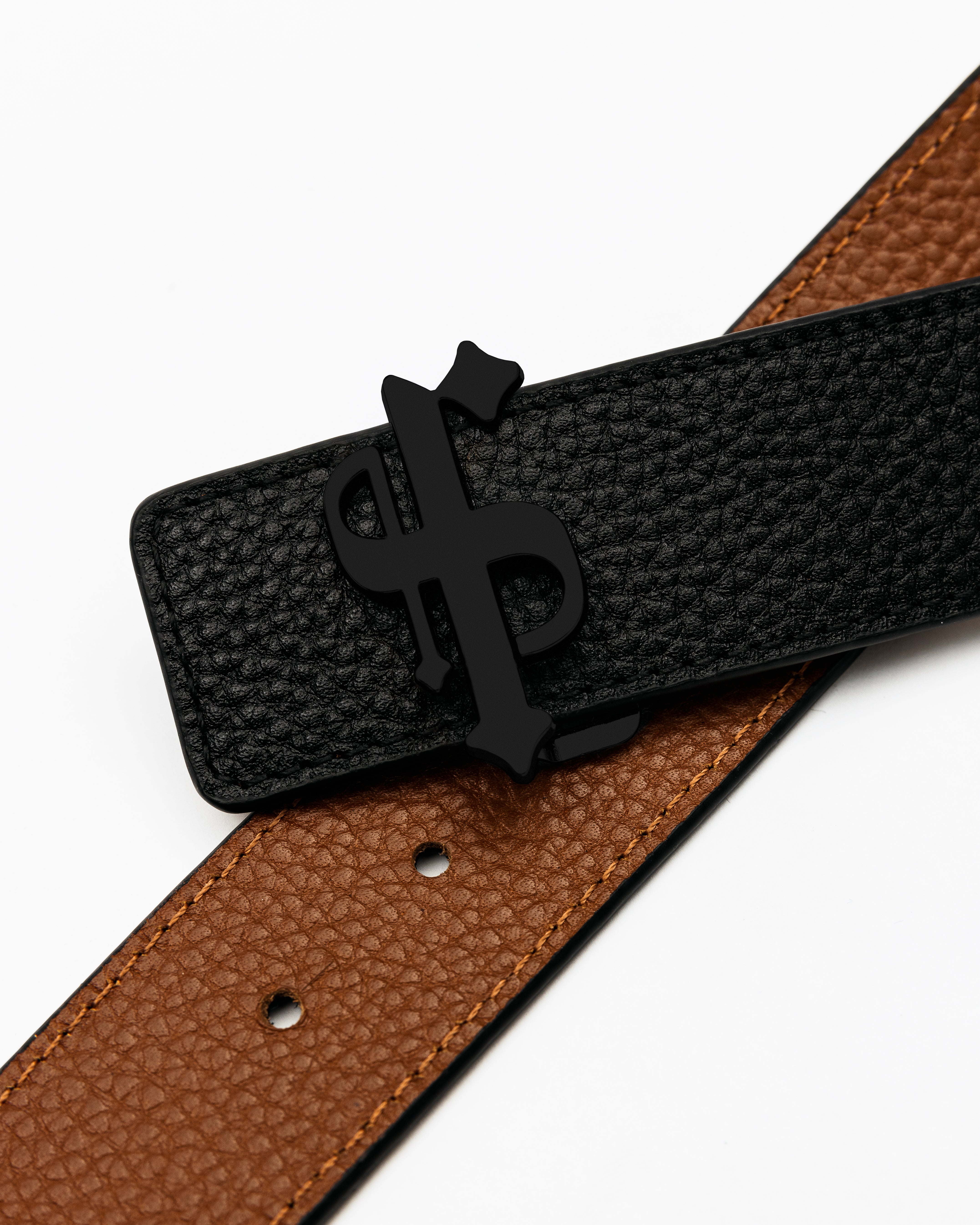 Wendbarer Ledergürtel in Schwarz/Hellbraun mit mattschwarzer FS-Schnalle - FSBELT003