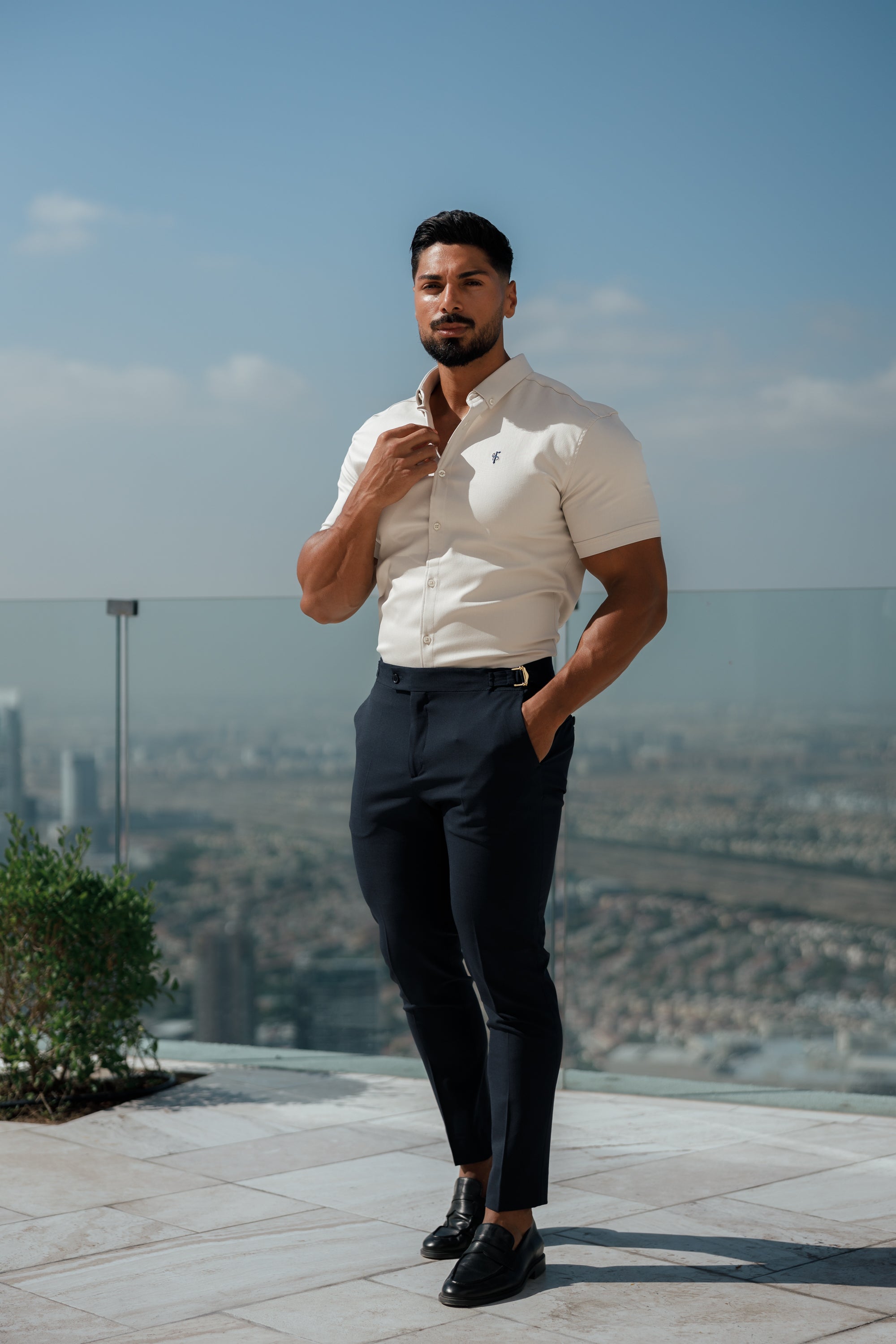 Slim Formal Navy Stretch Trousers With Gold Waist Adjusters - FST016